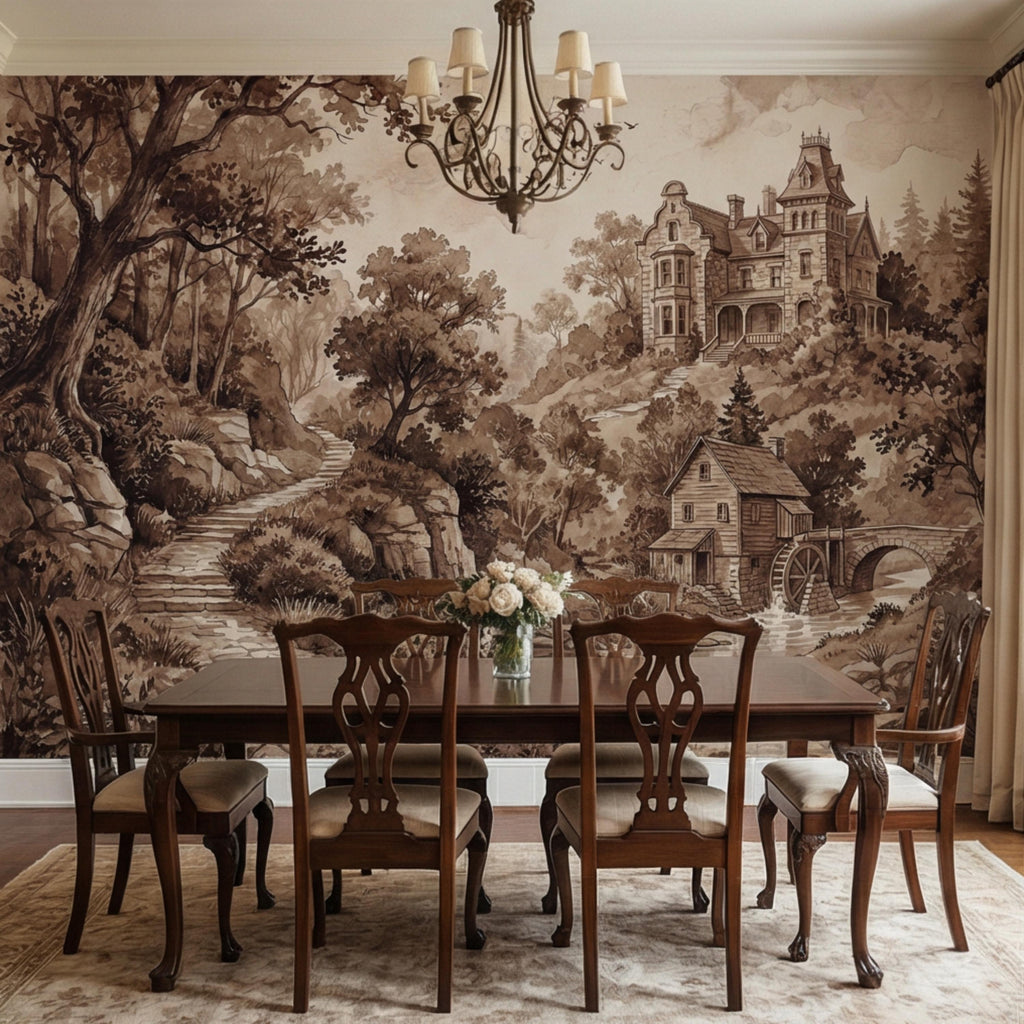 Vintage Sepia Victorian Cottage Peel and Stick Wall Mural, Rustic Old Mill Landscape Wallpaper