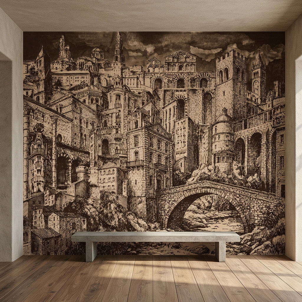 Vintage City Peel and Stick Wall Mural, European Architectural Sketch, Antique Sepia Townscape Scenic Wallpaper
