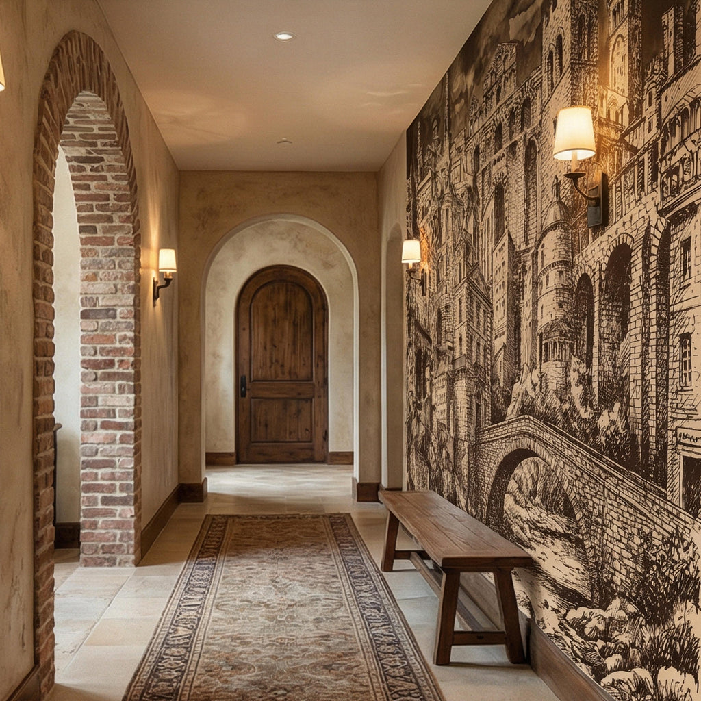 Vintage City Peel and Stick Wall Mural, European Architectural Sketch, Antique Sepia Townscape Scenic Wallpaper