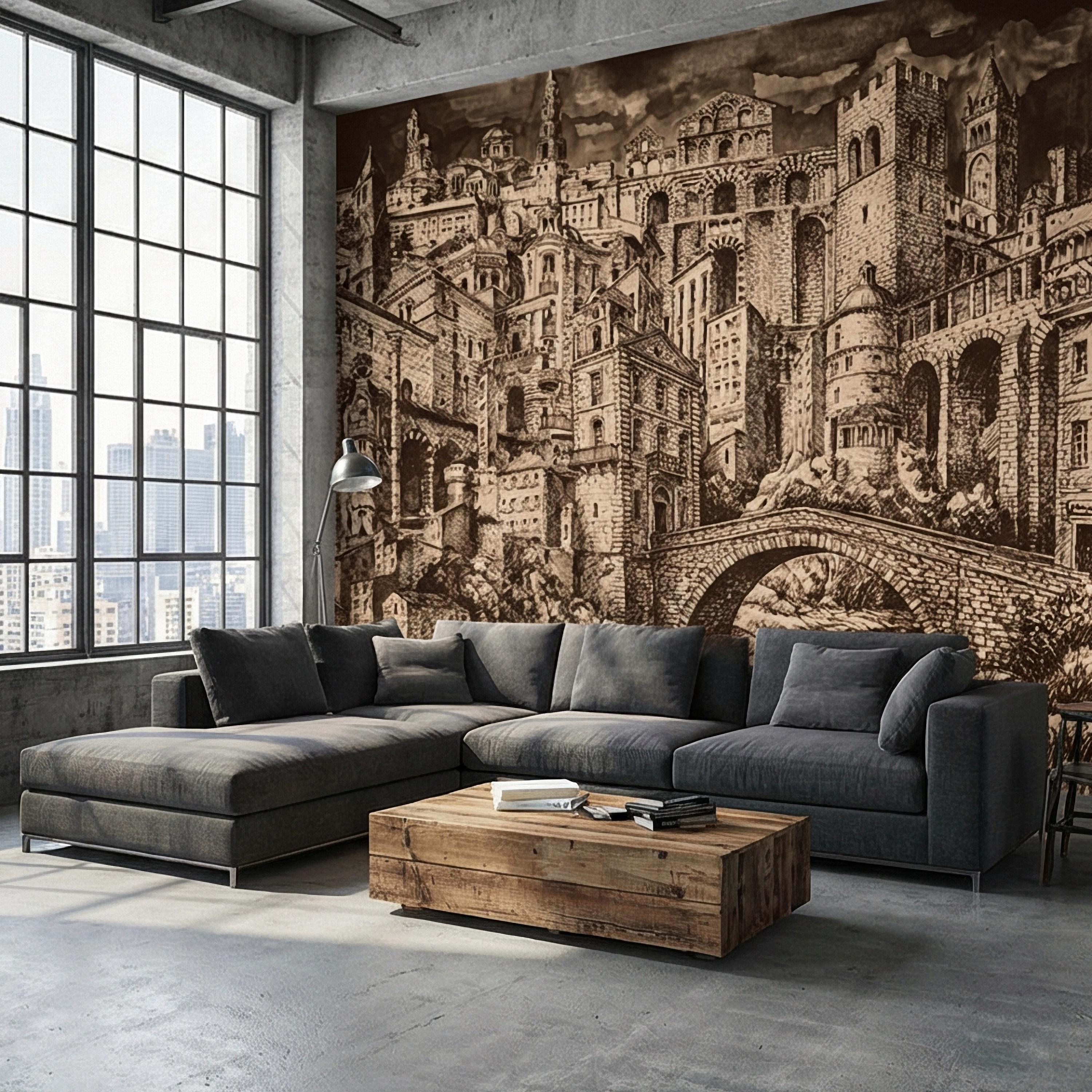Vintage City Peel and Stick Wall Mural, European Architectural Sketch, Antique Sepia Townscape Scenic Wallpaper