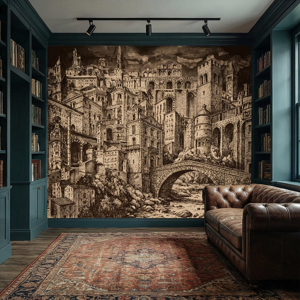 Vintage City Peel and Stick Wall Mural, European Architectural Sketch, Antique Sepia Townscape Scenic Wallpaper