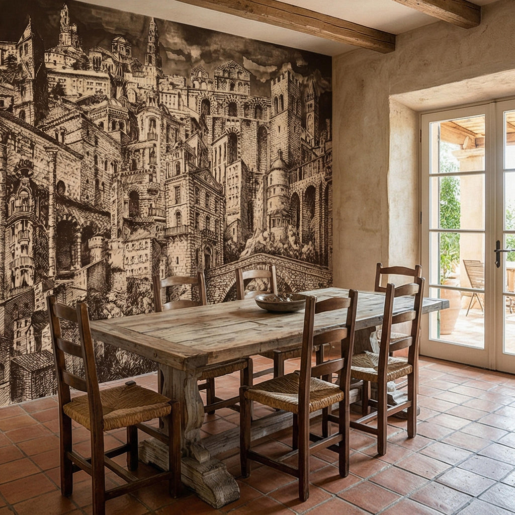 Vintage City Peel and Stick Wall Mural, European Architectural Sketch, Antique Sepia Townscape Scenic Wallpaper