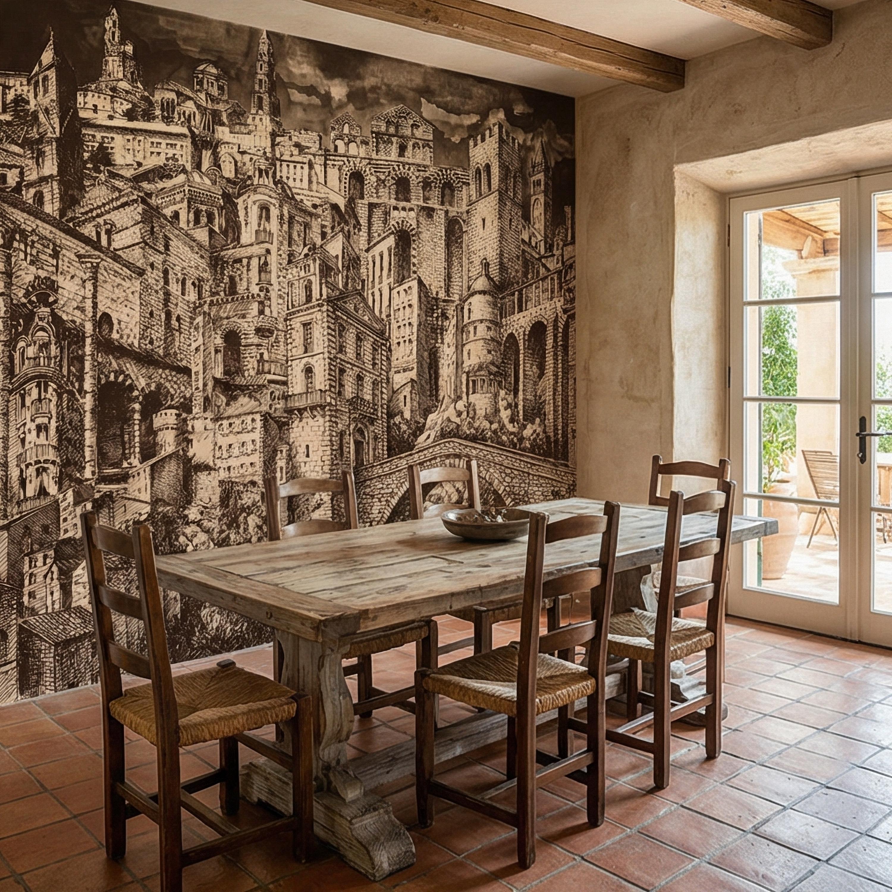 Vintage City Peel and Stick Wall Mural, European Architectural Sketch, Antique Sepia Townscape Scenic Wallpaper
