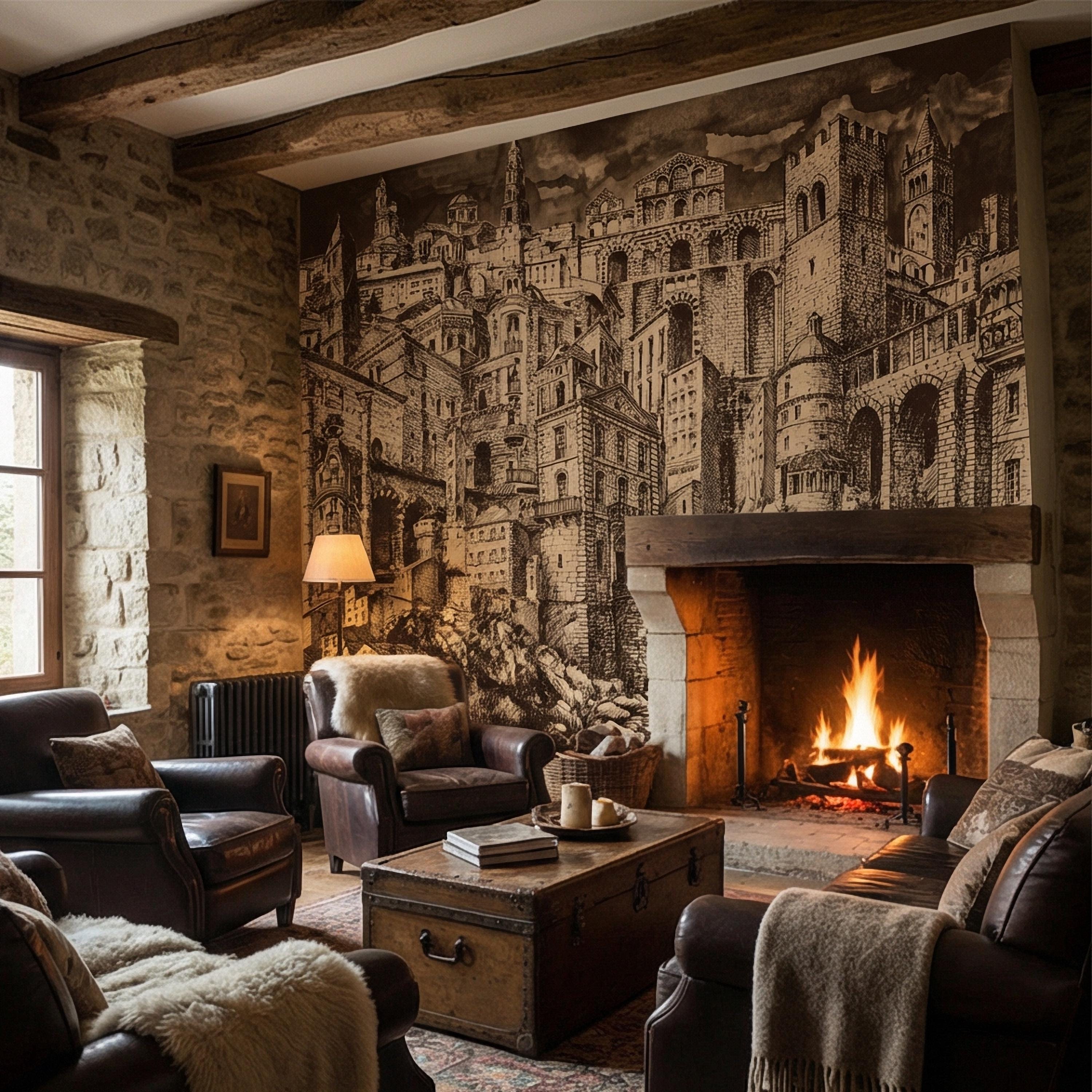 Vintage City Peel and Stick Wall Mural, European Architectural Sketch, Antique Sepia Townscape Scenic Wallpaper