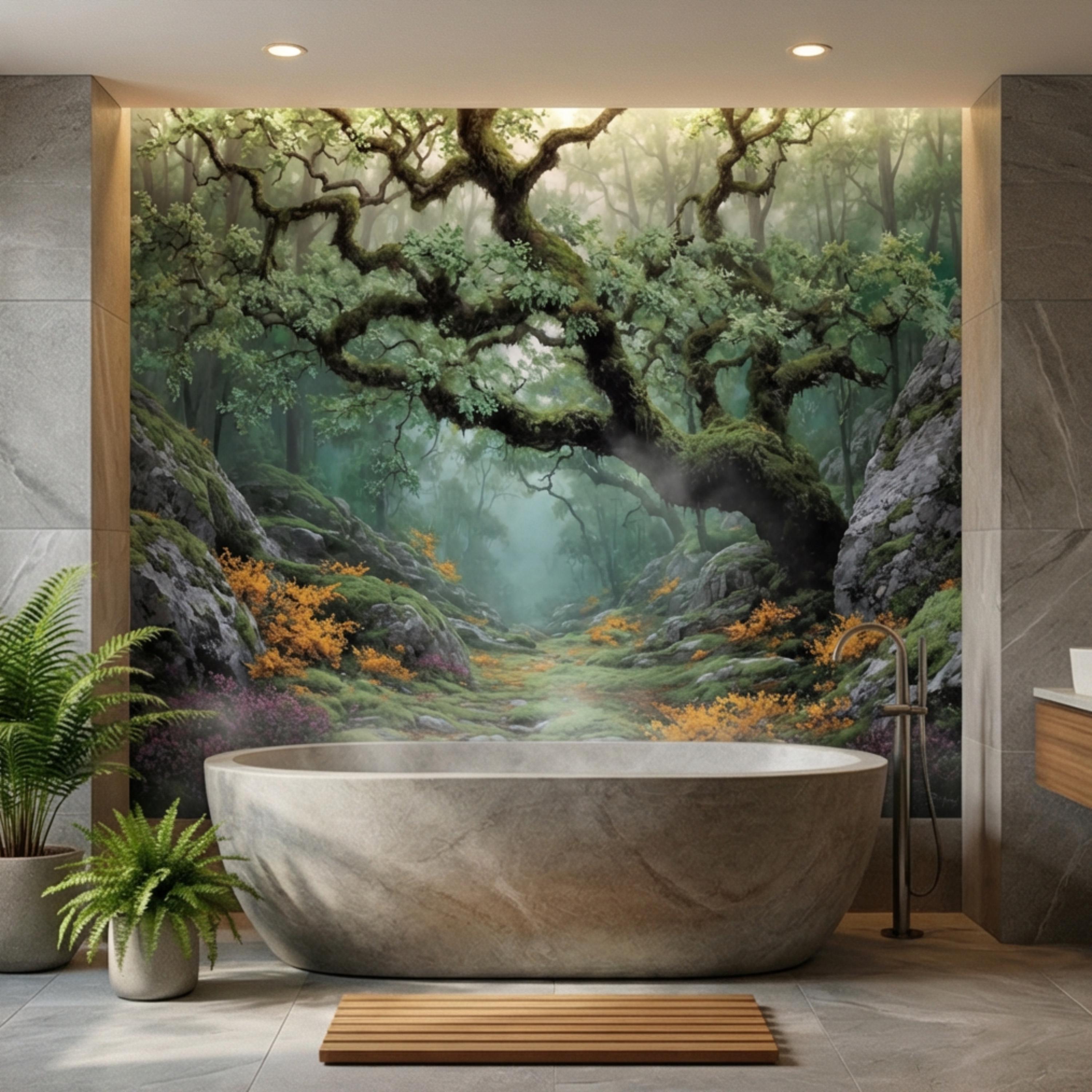 Misty Ancient Forest Peel and Stick Wall Mural, Mossy Tree Woodland Path Nature Wallpaper