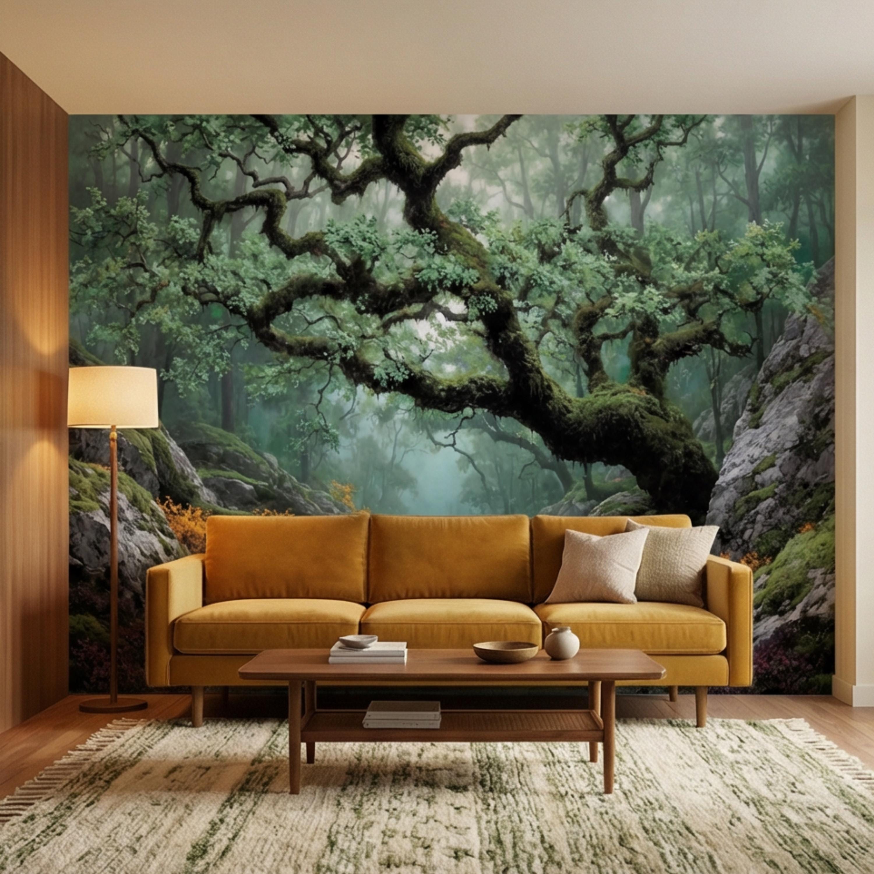 Misty Ancient Forest Peel and Stick Wall Mural, Mossy Tree Woodland Path Nature Wallpaper