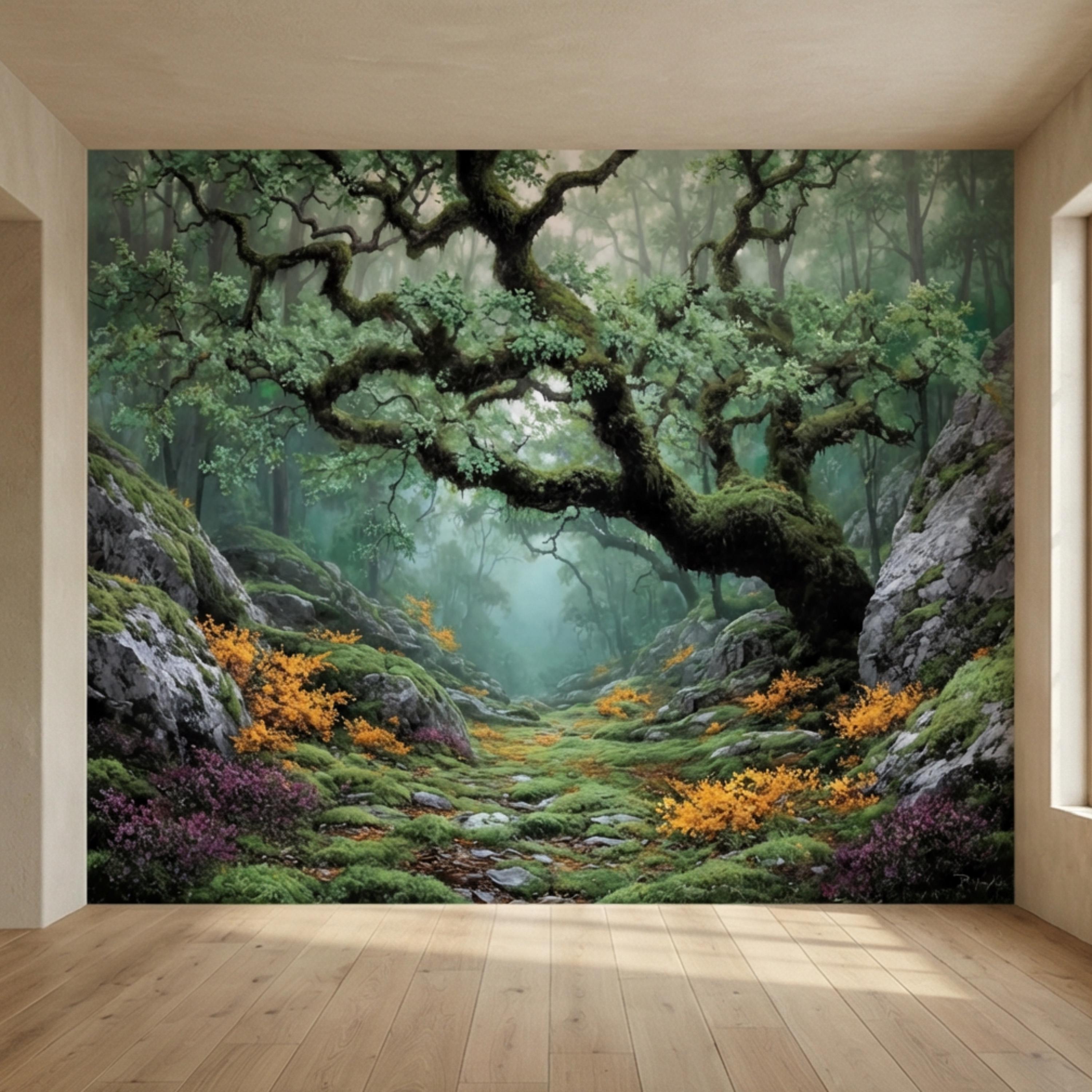 Misty Ancient Forest Peel and Stick Wall Mural, Mossy Tree Woodland Path Nature Wallpaper
