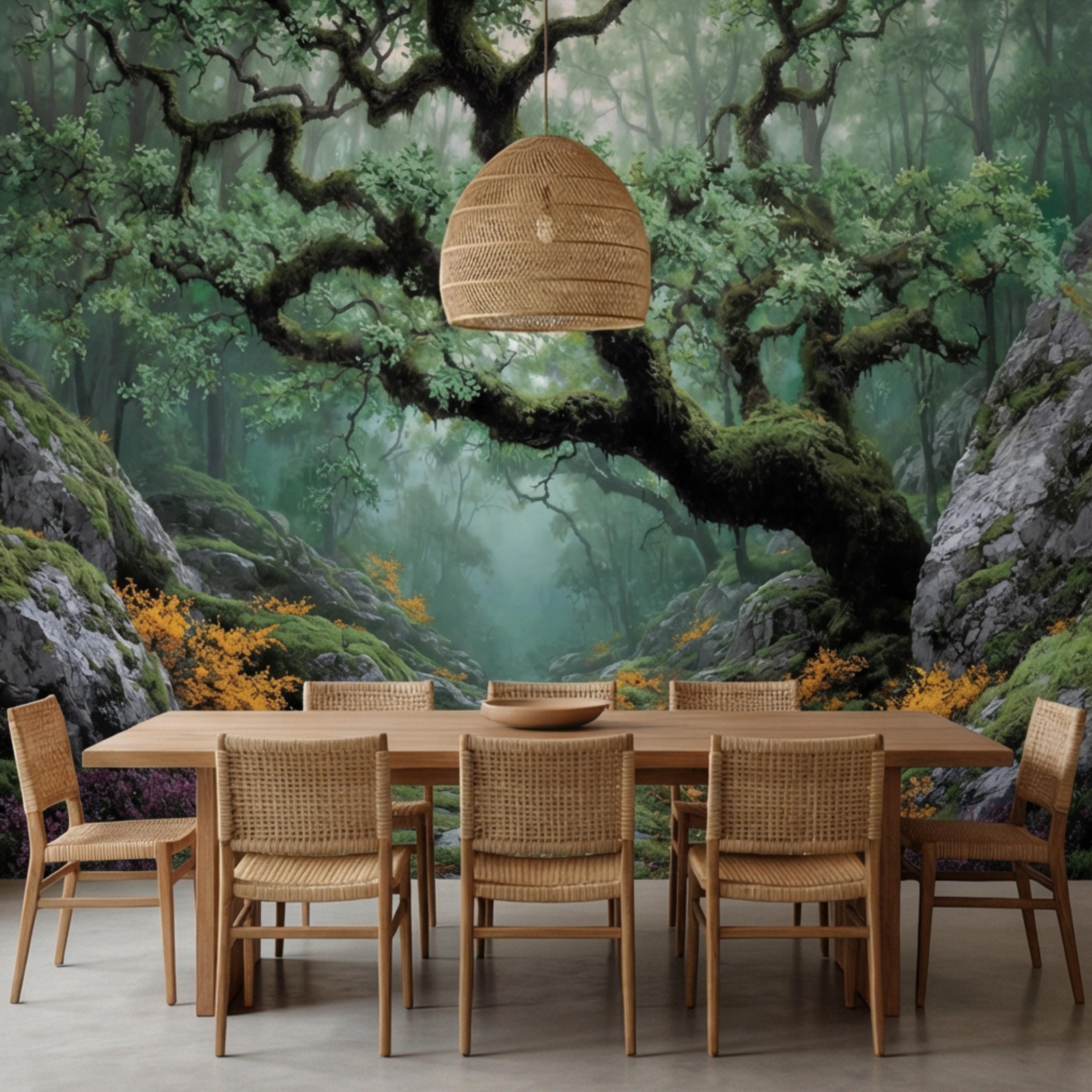 Misty Ancient Forest Peel and Stick Wall Mural, Mossy Tree Woodland Path Nature Wallpaper