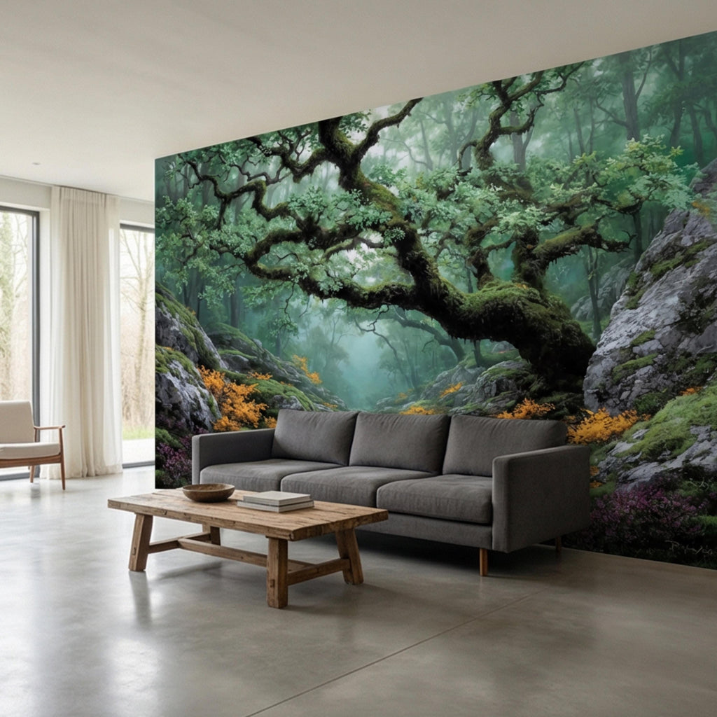 Misty Ancient Forest Peel and Stick Wall Mural, Mossy Tree Woodland Path Nature Wallpaper