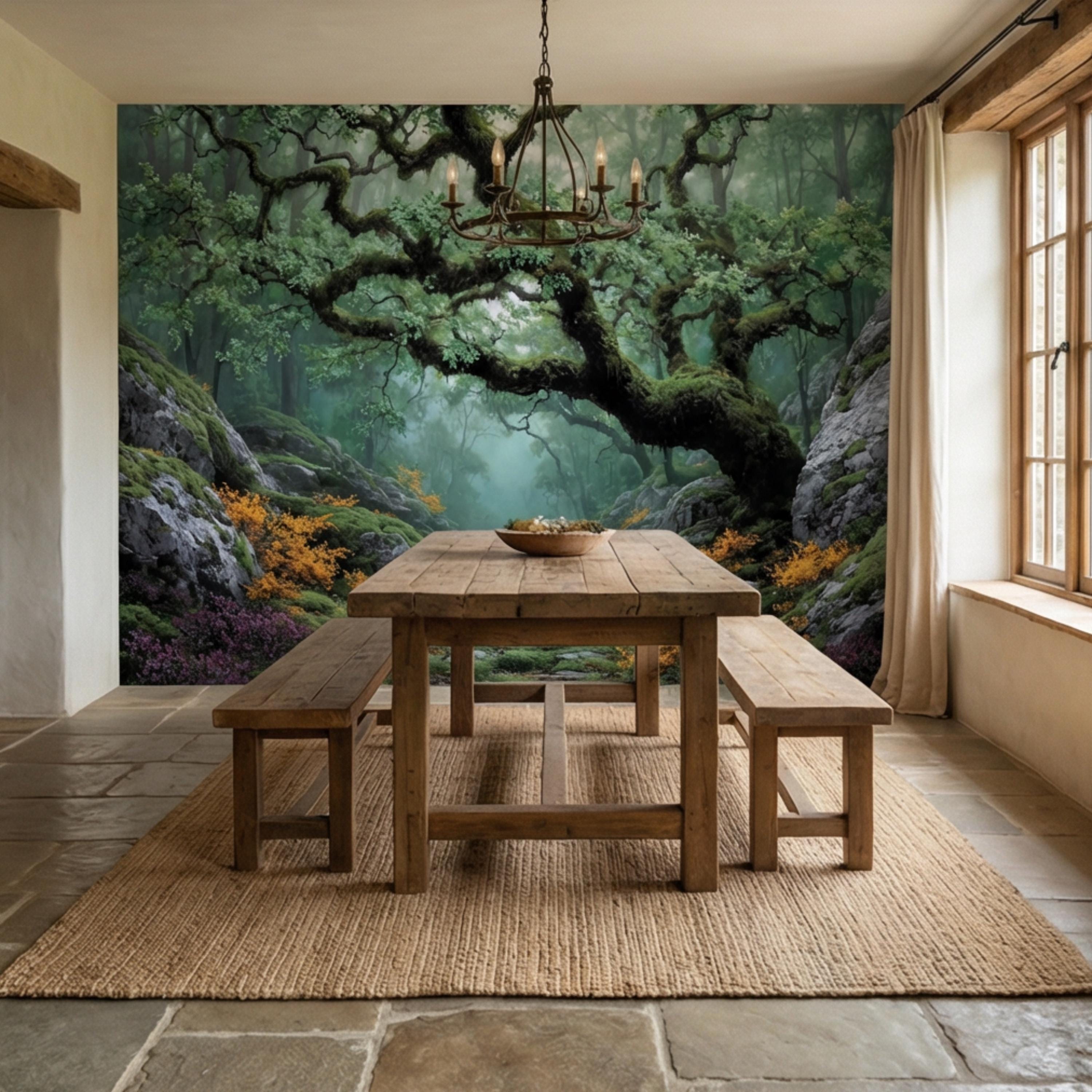 Misty Ancient Forest Peel and Stick Wall Mural, Mossy Tree Woodland Path Nature Wallpaper