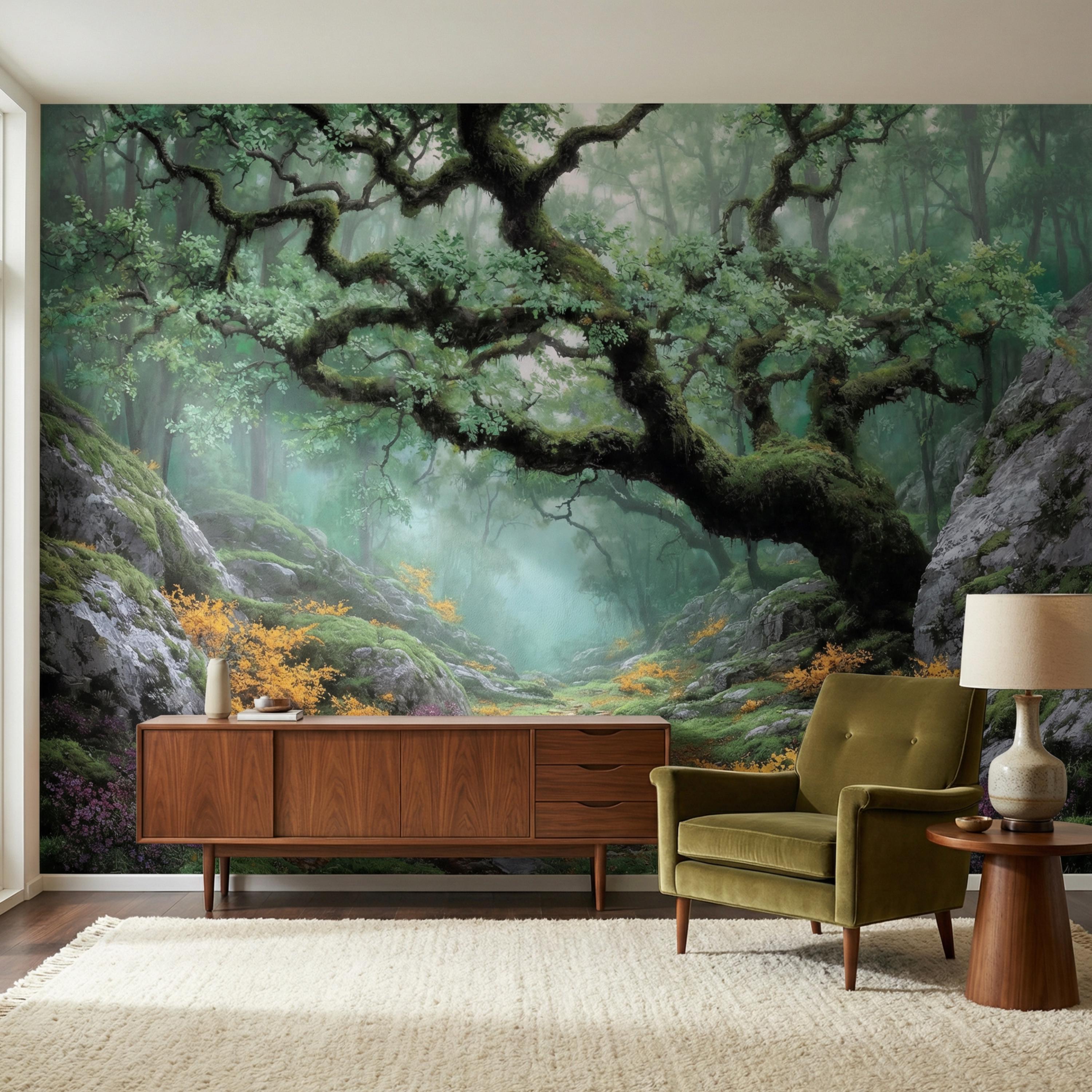 Misty Ancient Forest Peel and Stick Wall Mural, Mossy Tree Woodland Path Nature Wallpaper