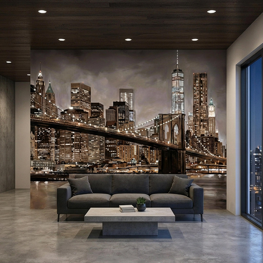 New York City Peel and Stick Wall Mural, Brooklyn Bridge Night Skyline, Moody Urban Architecture, Manhattan Wallpaper