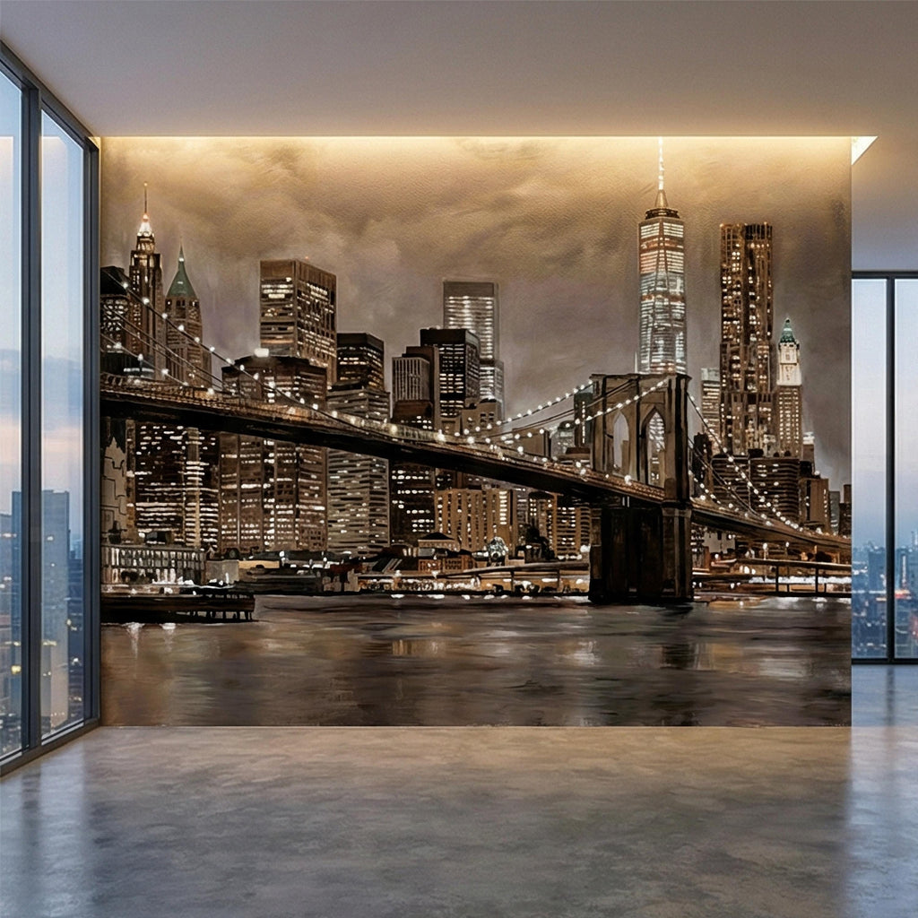 New York City Peel and Stick Wall Mural, Brooklyn Bridge Night Skyline, Moody Urban Architecture, Manhattan Wallpaper