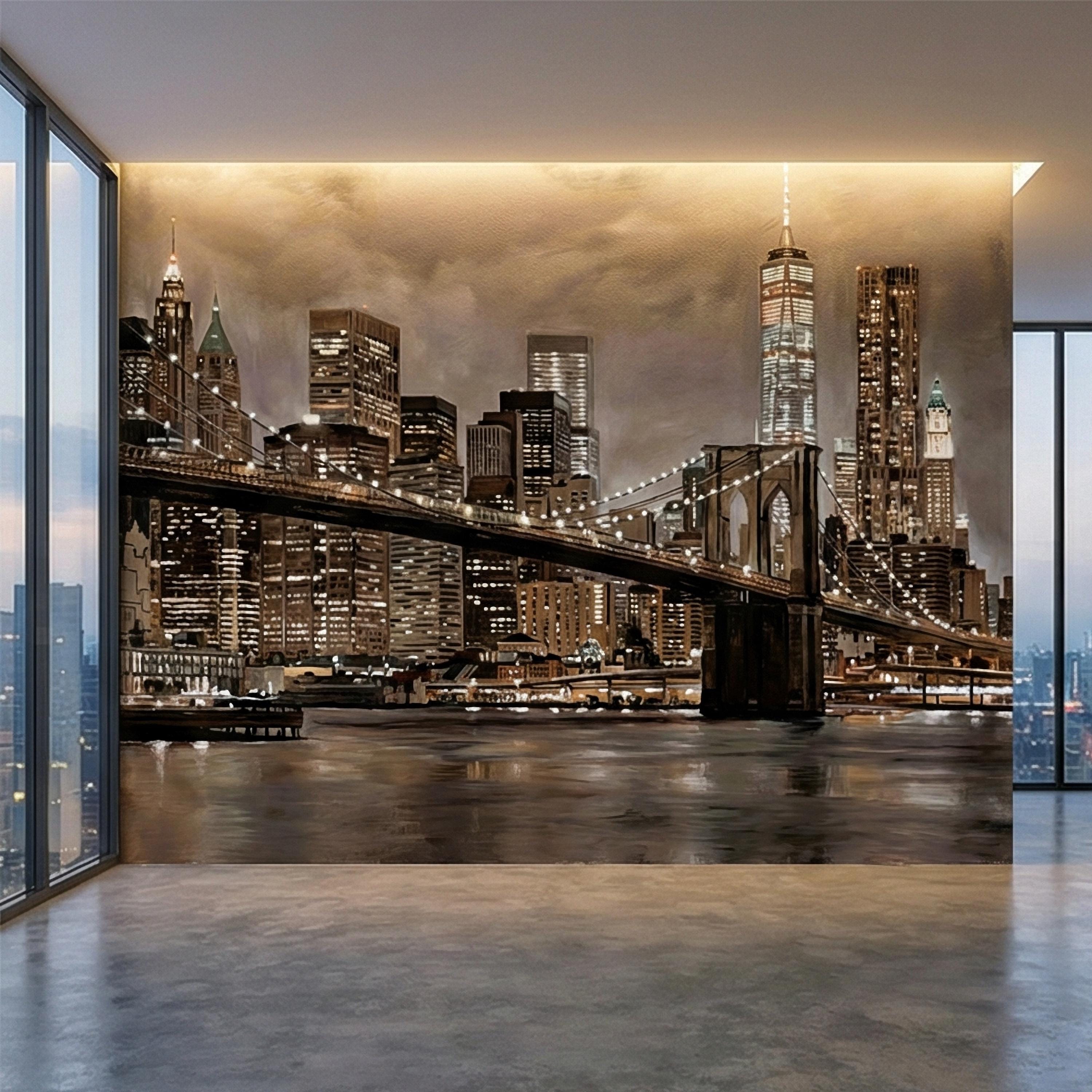New York City Peel and Stick Wall Mural, Brooklyn Bridge Night Skyline, Moody Urban Architecture, Manhattan Wallpaper