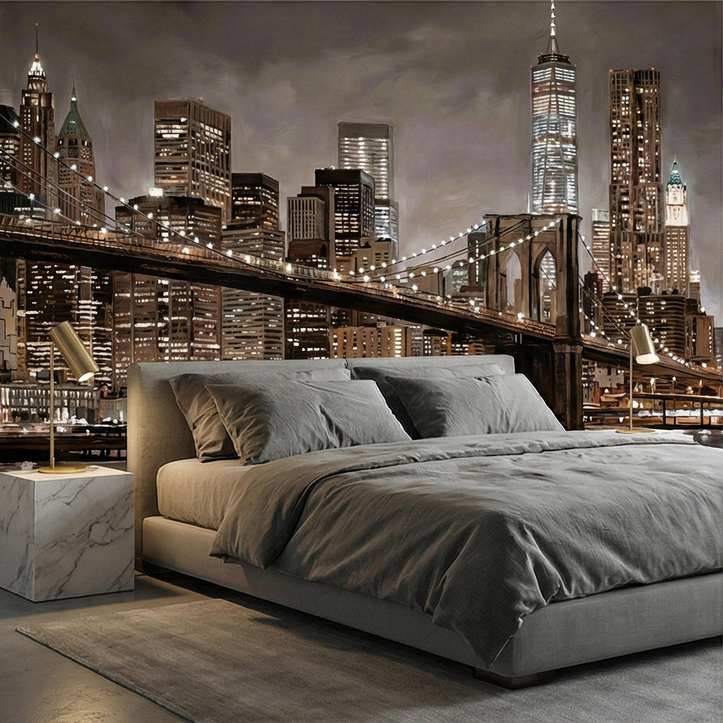 New York City Peel and Stick Wall Mural, Brooklyn Bridge Night Skyline, Moody Urban Architecture, Manhattan Wallpaper
