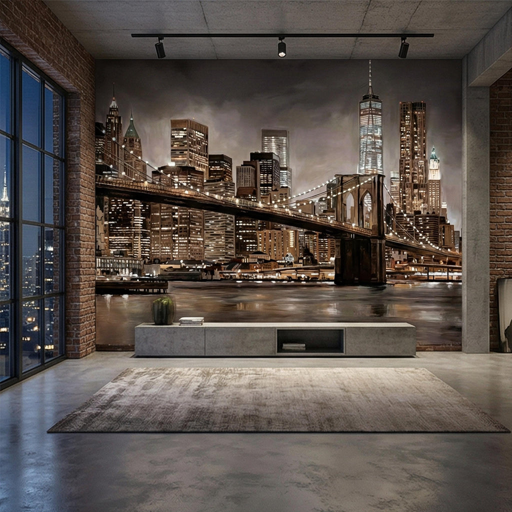 New York City Peel and Stick Wall Mural, Brooklyn Bridge Night Skyline, Moody Urban Architecture, Manhattan Wallpaper