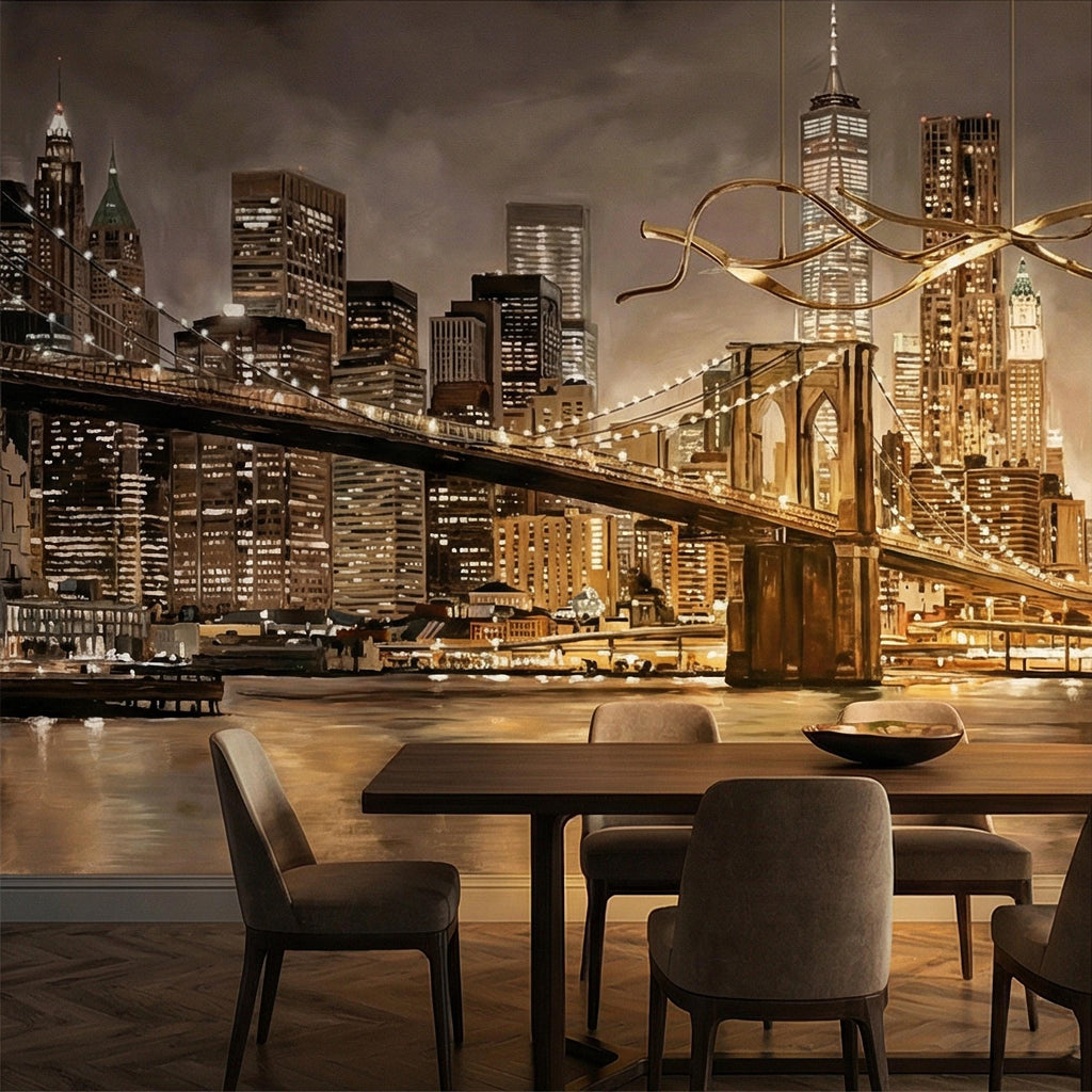 New York City Peel and Stick Wall Mural, Brooklyn Bridge Night Skyline, Moody Urban Architecture, Manhattan Wallpaper