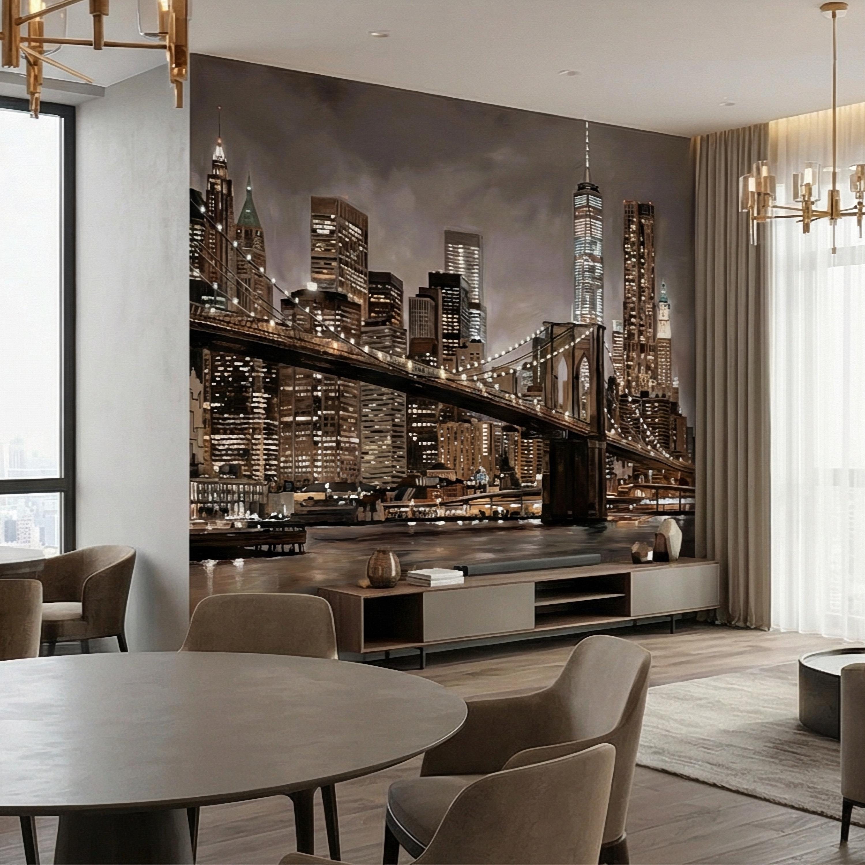 New York City Peel and Stick Wall Mural, Brooklyn Bridge Night Skyline, Moody Urban Architecture, Manhattan Wallpaper