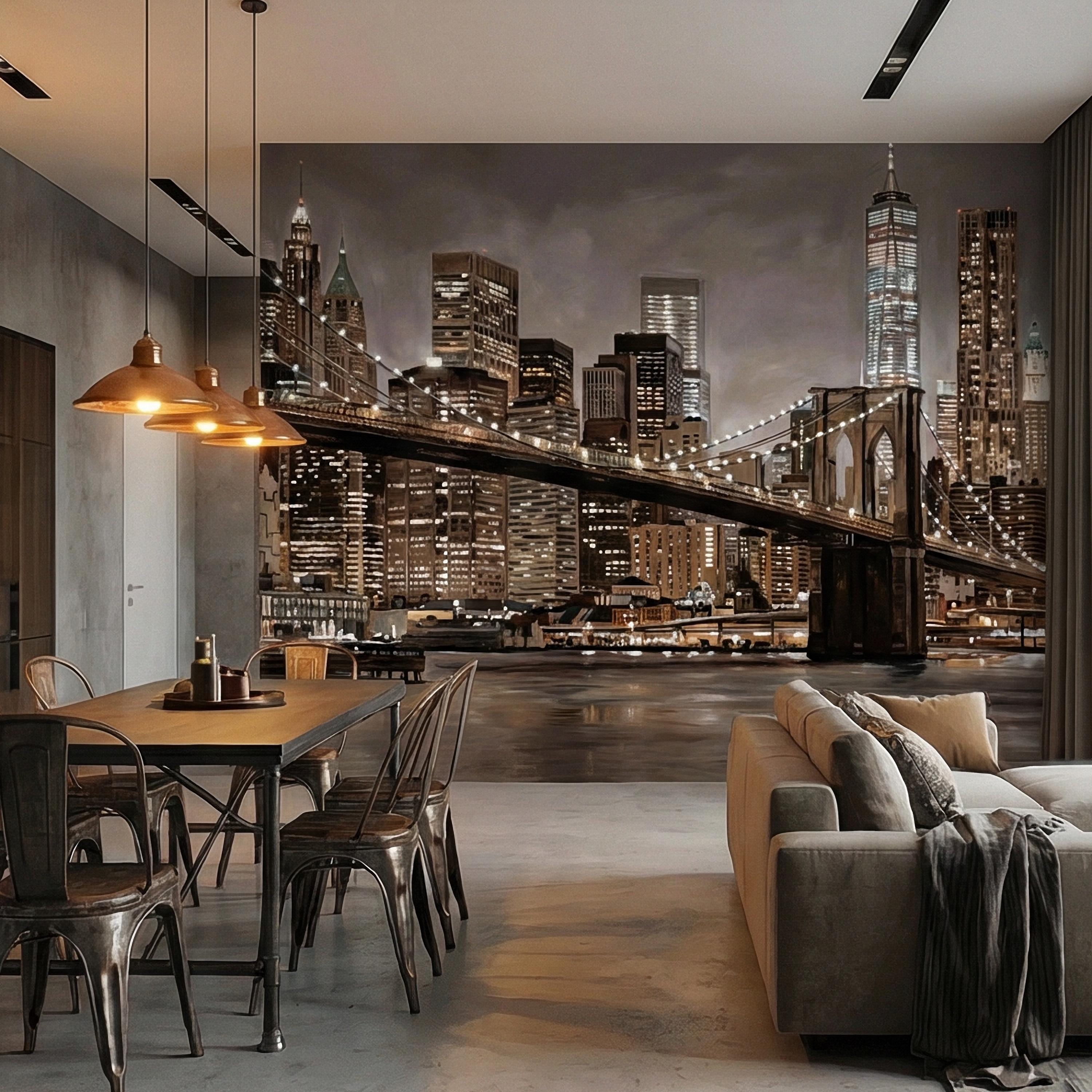New York City Peel and Stick Wall Mural, Brooklyn Bridge Night Skyline, Moody Urban Architecture, Manhattan Wallpaper
