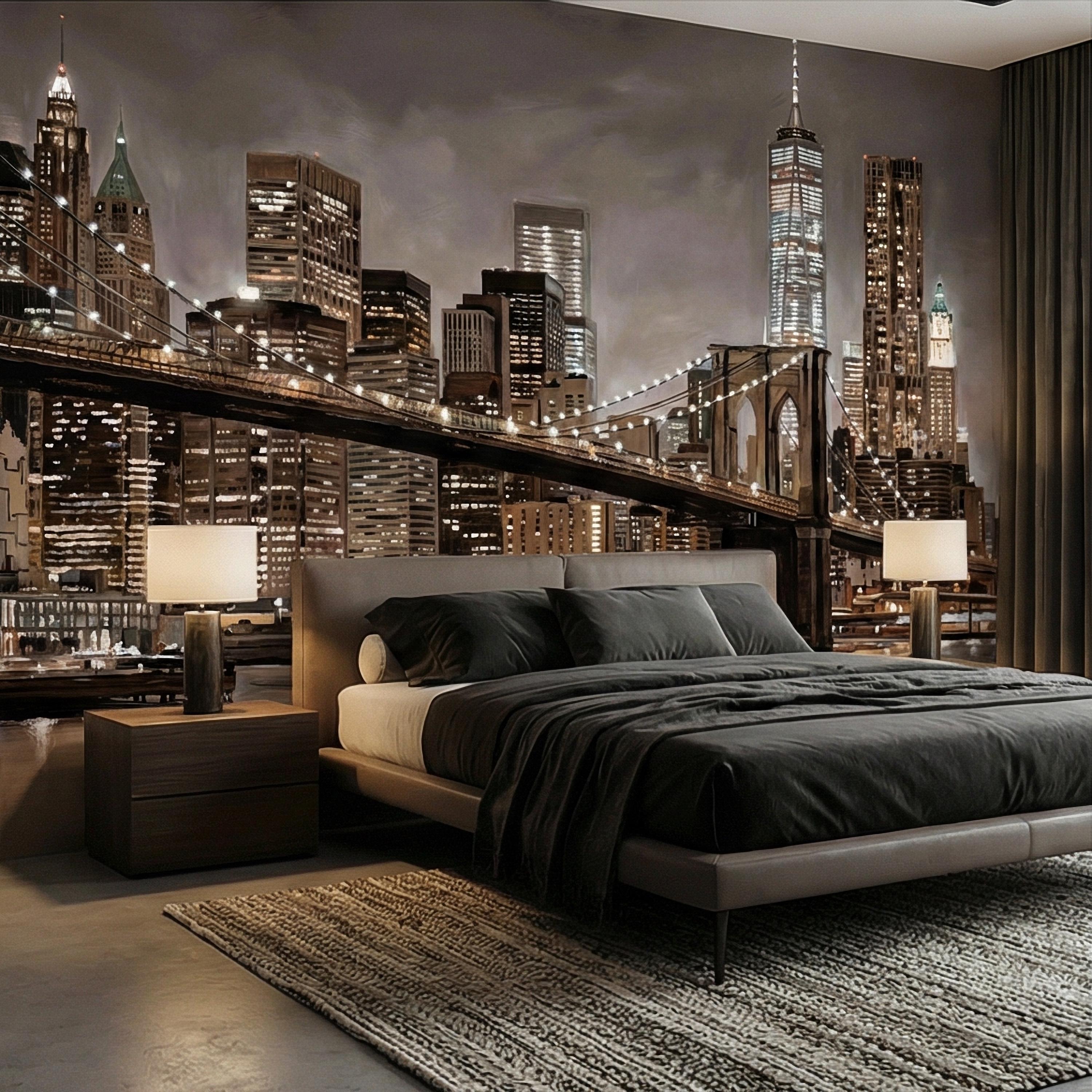 New York City Peel and Stick Wall Mural, Brooklyn Bridge Night Skyline, Moody Urban Architecture, Manhattan Wallpaper