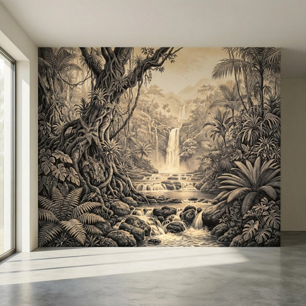 Vintage Sepia Jungle Waterfall Peel and Stick Wall Mural, Tropical Engraving Style Wallpaper