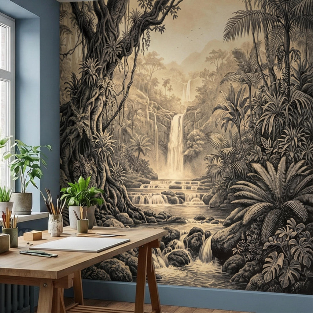Vintage Sepia Jungle Waterfall Peel and Stick Wall Mural, Tropical Engraving Style Wallpaper