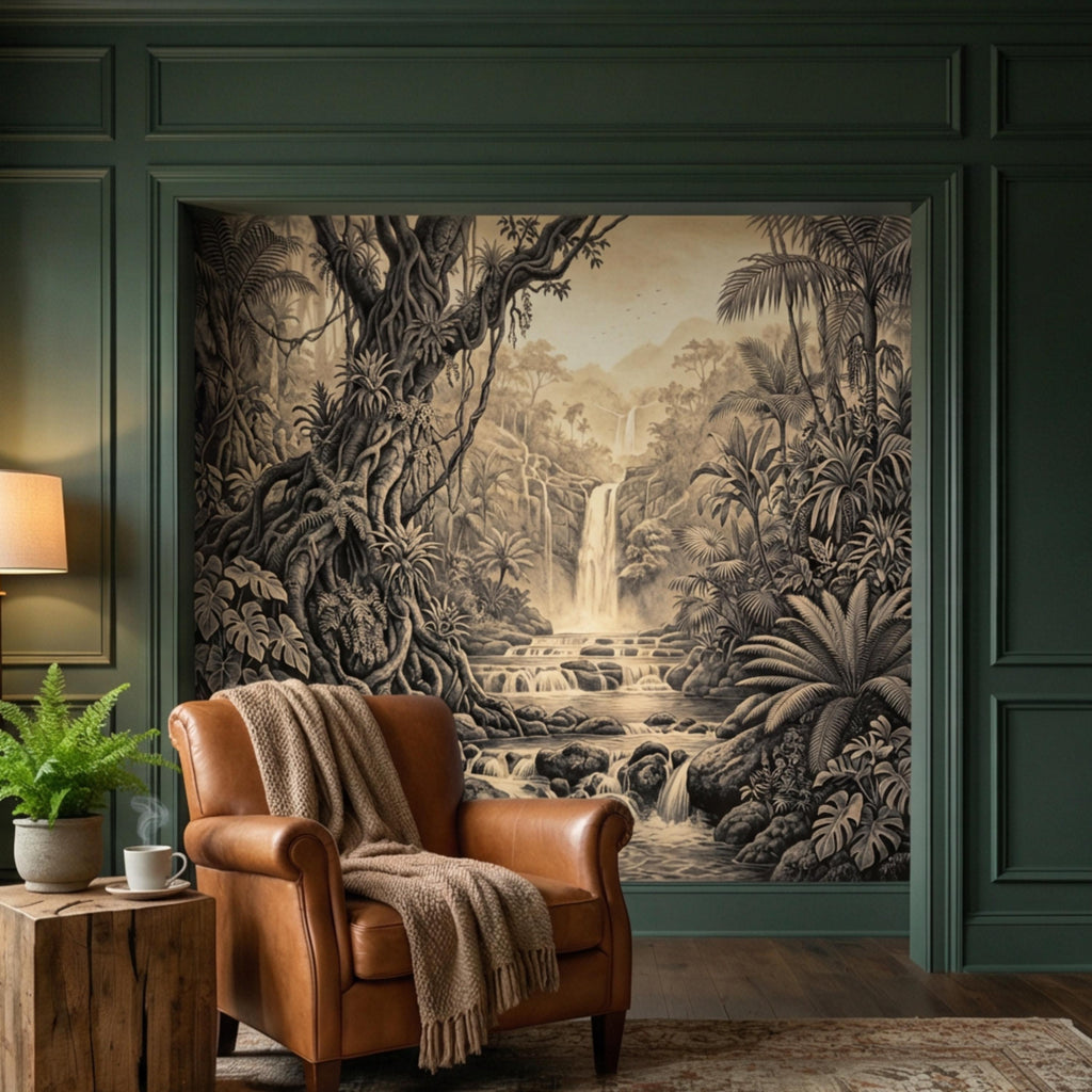 Vintage Sepia Jungle Waterfall Peel and Stick Wall Mural, Tropical Engraving Style Wallpaper
