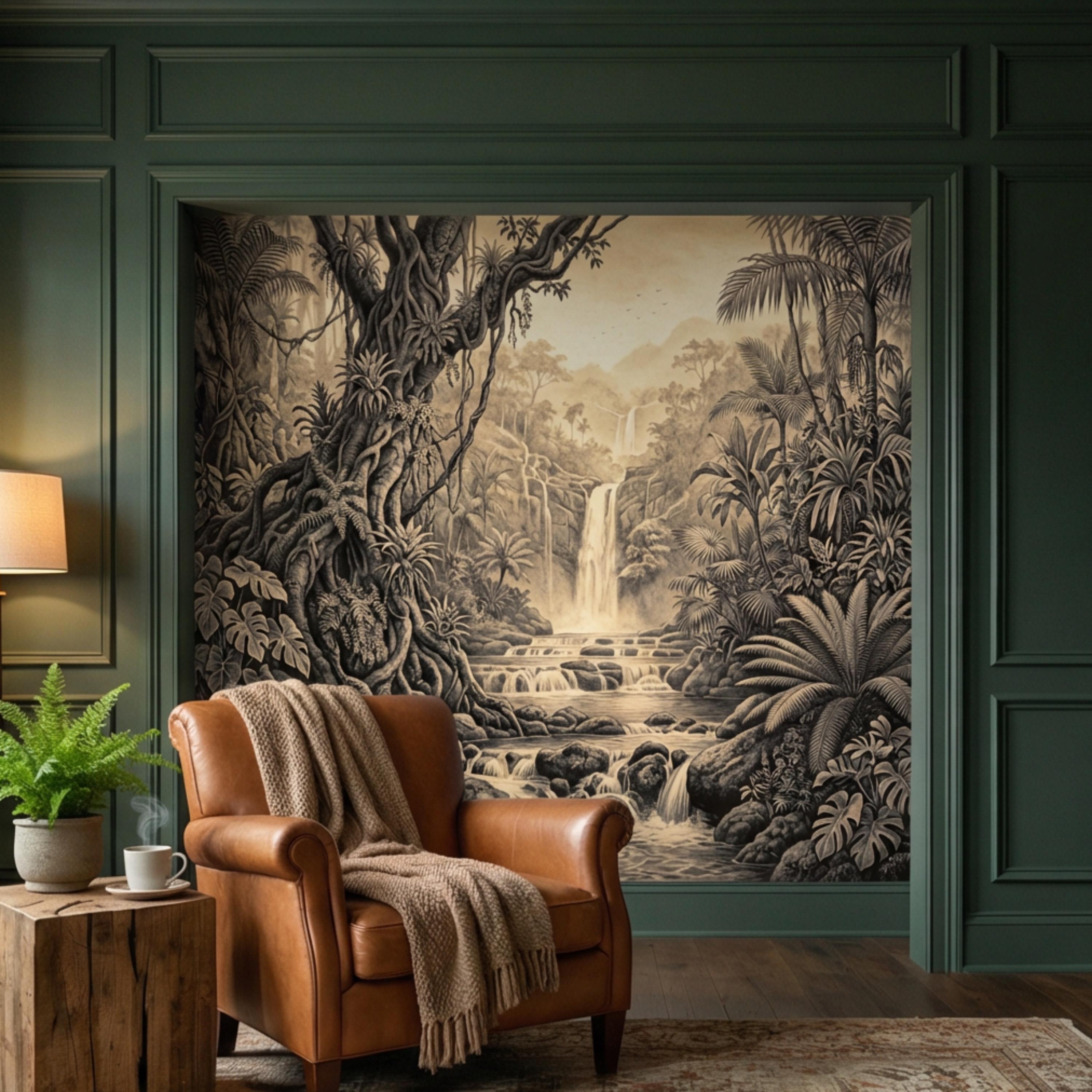 Vintage Sepia Jungle Waterfall Peel and Stick Wall Mural, Tropical Engraving Style Wallpaper