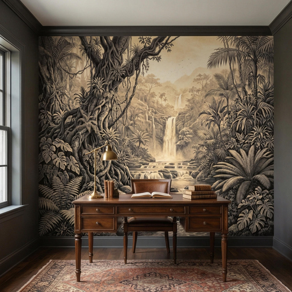 Vintage Sepia Jungle Waterfall Peel and Stick Wall Mural, Tropical Engraving Style Wallpaper