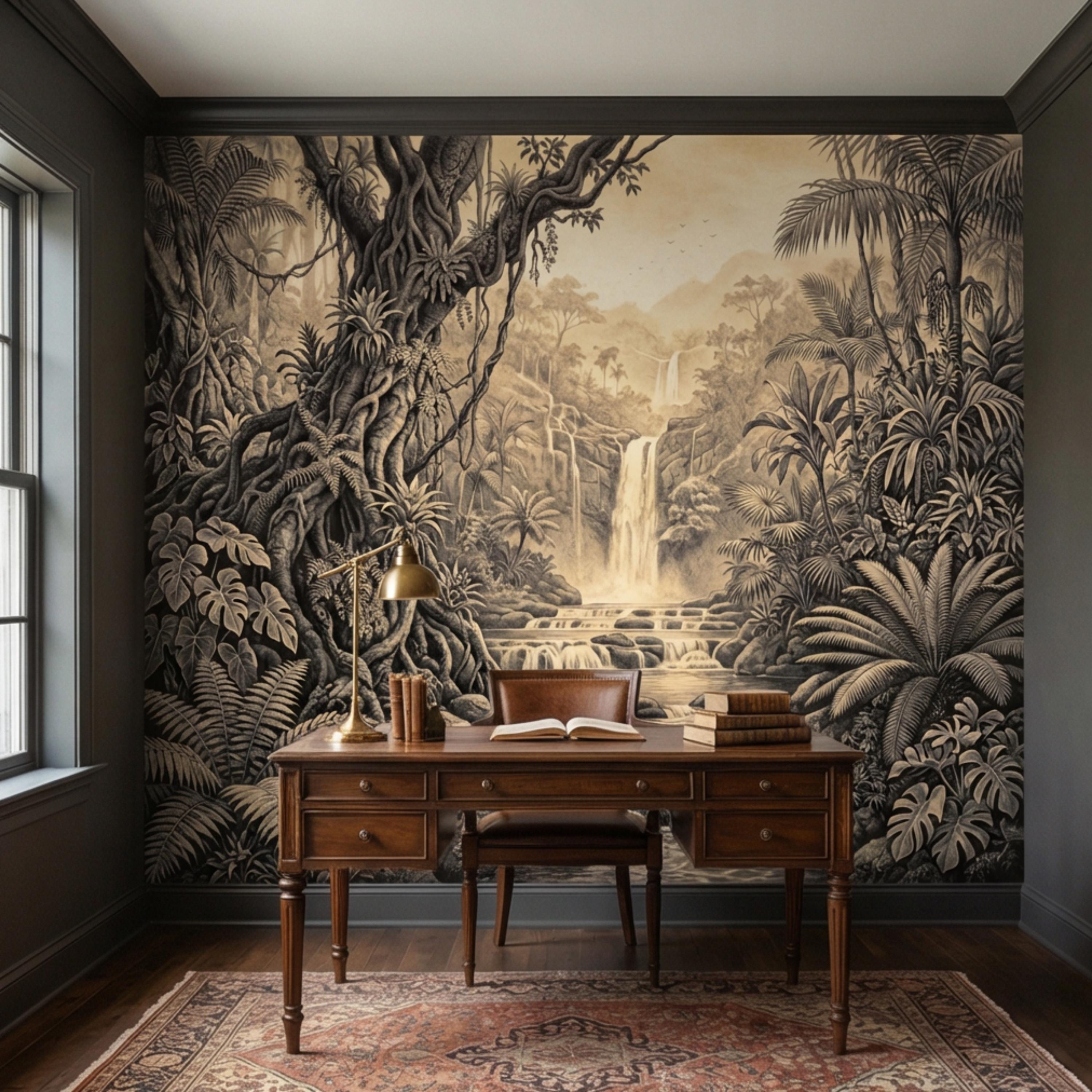 Vintage Sepia Jungle Waterfall Peel and Stick Wall Mural, Tropical Engraving Style Wallpaper