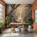Vintage Sepia Jungle Waterfall Peel and Stick Wall Mural, Tropical Engraving Style Wallpaper