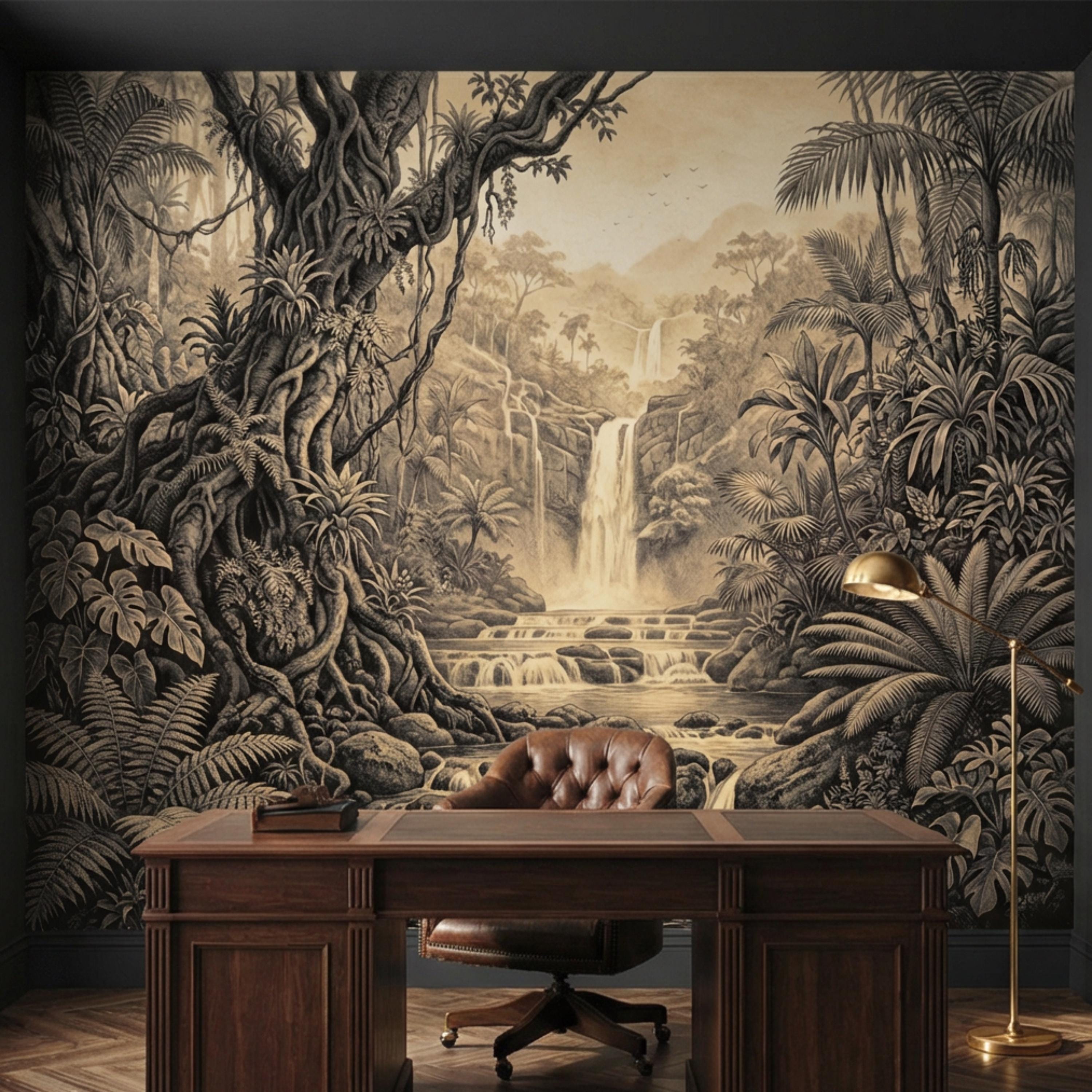 Vintage Sepia Jungle Waterfall Peel and Stick Wall Mural, Tropical Engraving Style Wallpaper