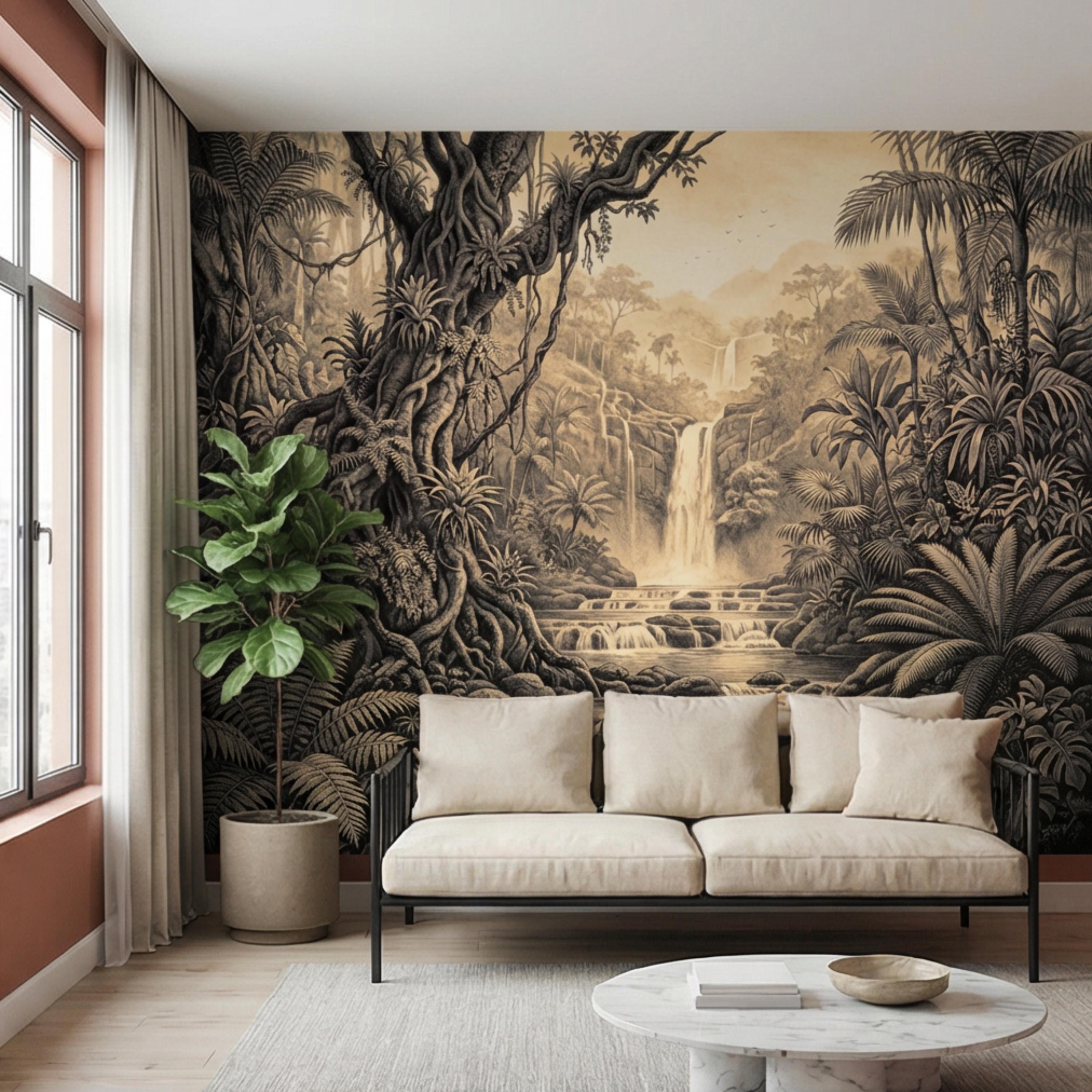 Vintage Sepia Jungle Waterfall Peel and Stick Wall Mural, Tropical Engraving Style Wallpaper