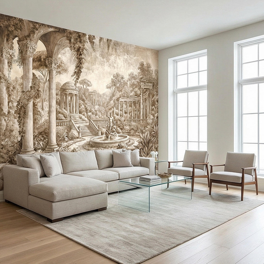 Classical Garden Peel and Stick Wall Mural, Antique Roman Fountain Landscape, Neutral Old World Architectural Wallpaper