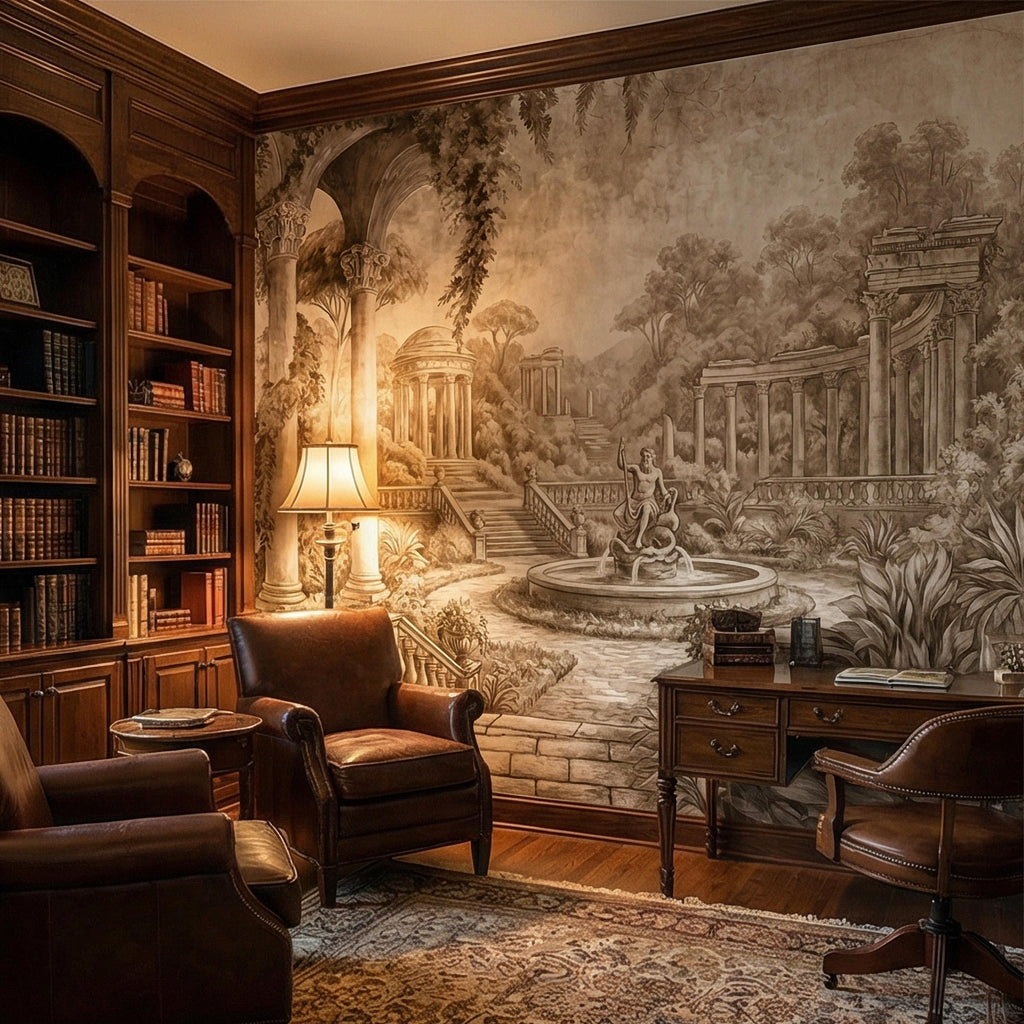 Classical Garden Peel and Stick Wall Mural, Antique Roman Fountain Landscape, Neutral Old World Architectural Wallpaper