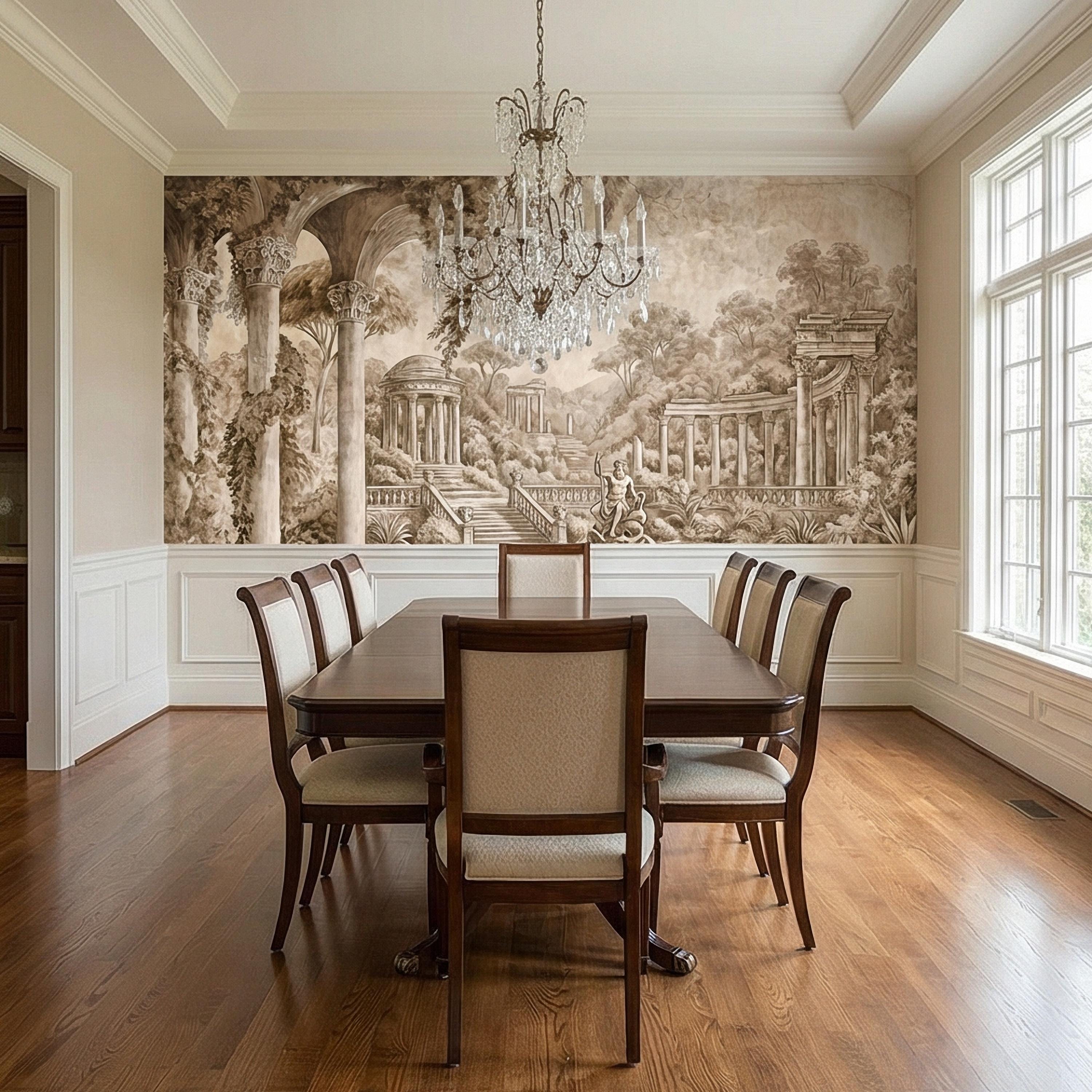 Classical Garden Peel and Stick Wall Mural, Antique Roman Fountain Landscape, Neutral Old World Architectural Wallpaper