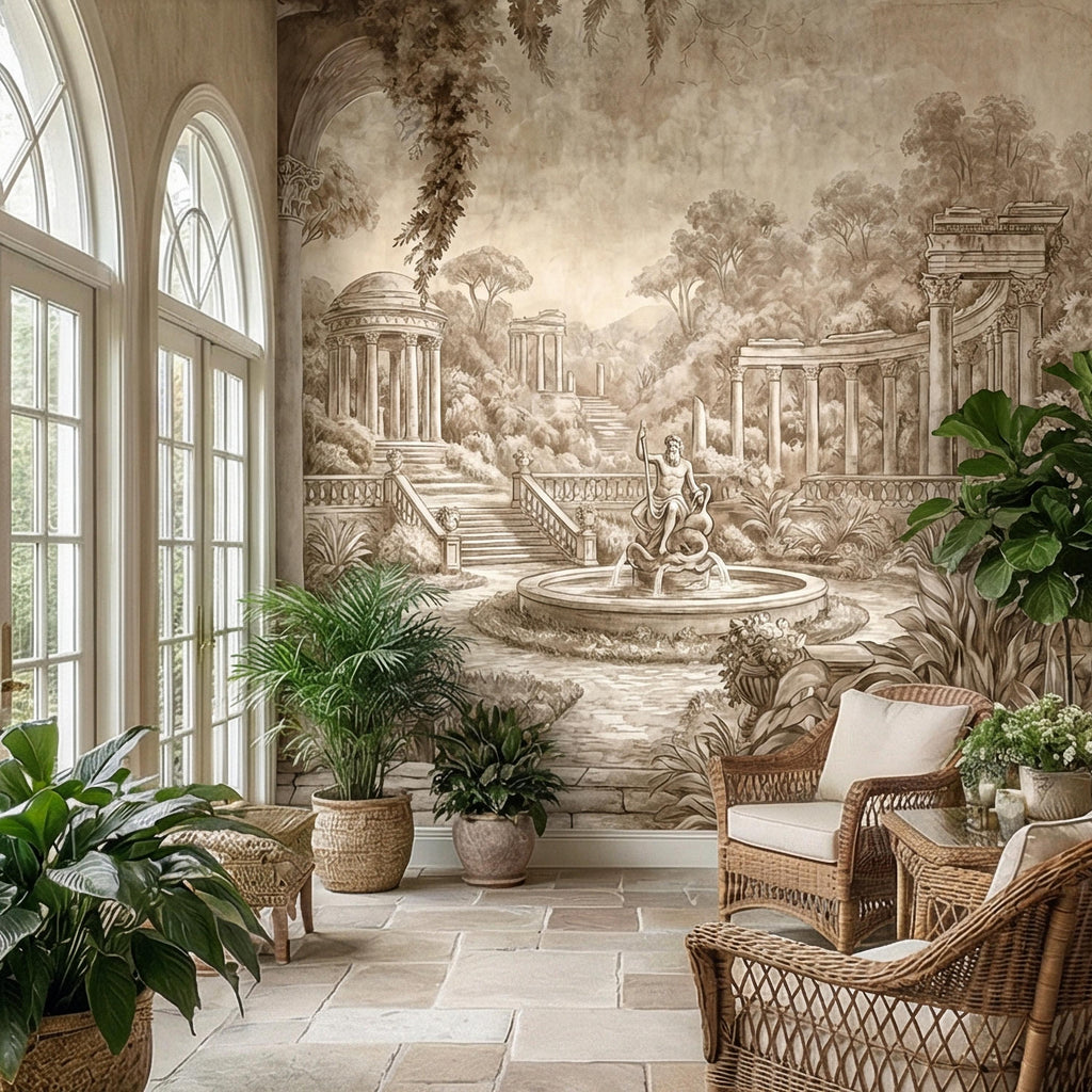 Classical Garden Peel and Stick Wall Mural, Antique Roman Fountain Landscape, Neutral Old World Architectural Wallpaper