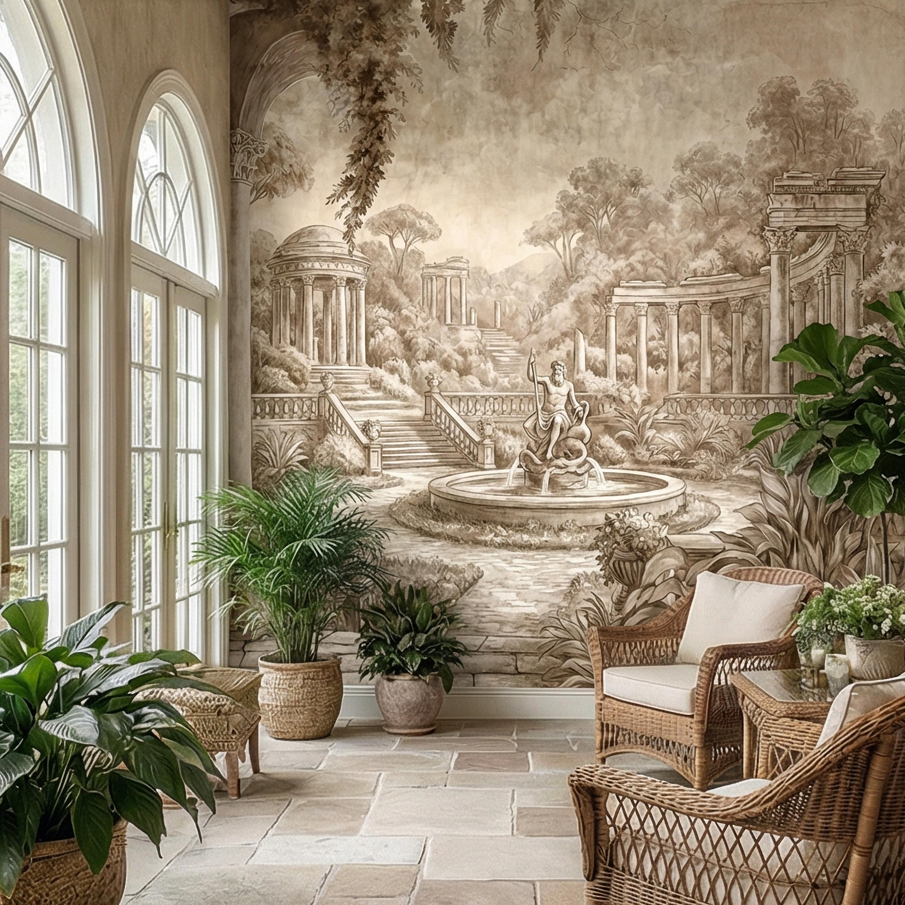 Classical Garden Peel and Stick Wall Mural, Antique Roman Fountain Landscape, Neutral Old World Architectural Wallpaper