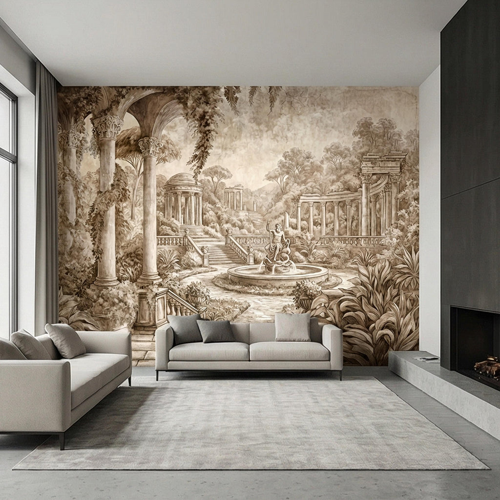 Classical Garden Peel and Stick Wall Mural, Antique Roman Fountain Landscape, Neutral Old World Architectural Wallpaper