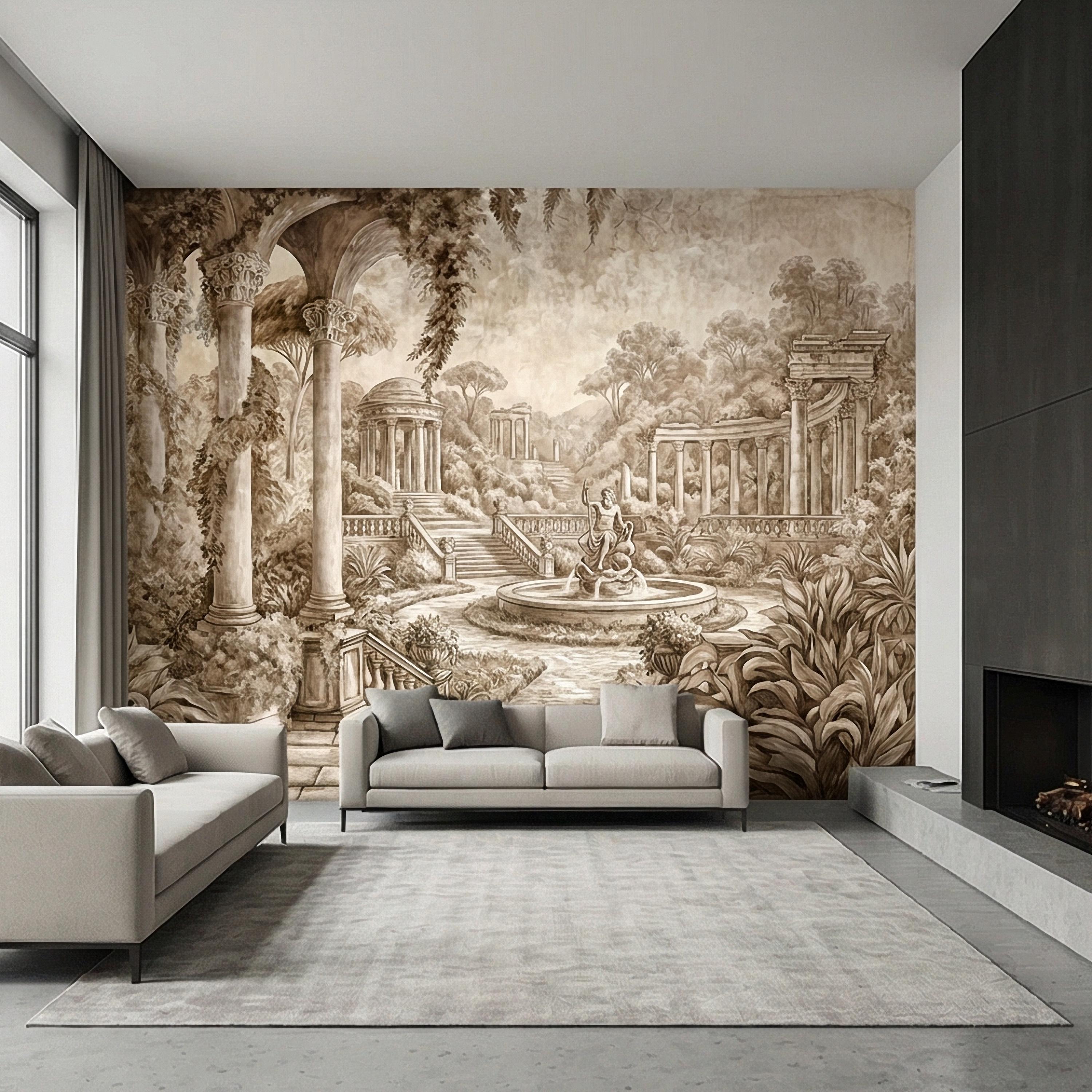 Classical Garden Peel and Stick Wall Mural, Antique Roman Fountain Landscape, Neutral Old World Architectural Wallpaper
