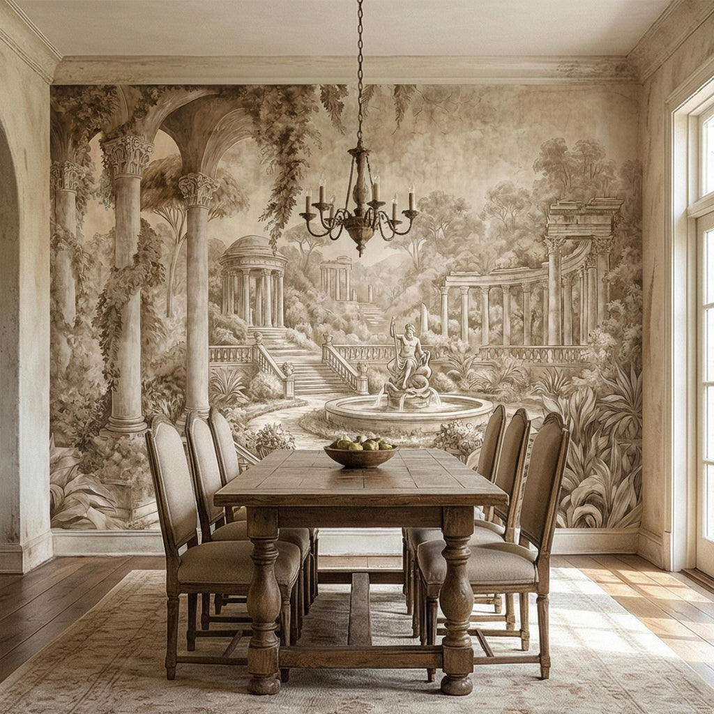 Classical Garden Peel and Stick Wall Mural, Antique Roman Fountain Landscape, Neutral Old World Architectural Wallpaper
