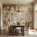 Classical Garden Peel and Stick Wall Mural, Antique Roman Fountain Landscape, Neutral Old World Architectural Wallpaper