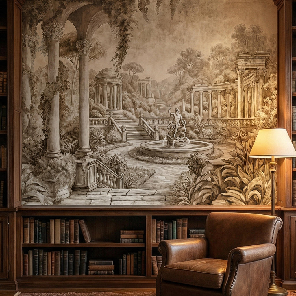 Classical Garden Peel and Stick Wall Mural, Antique Roman Fountain Landscape, Neutral Old World Architectural Wallpaper