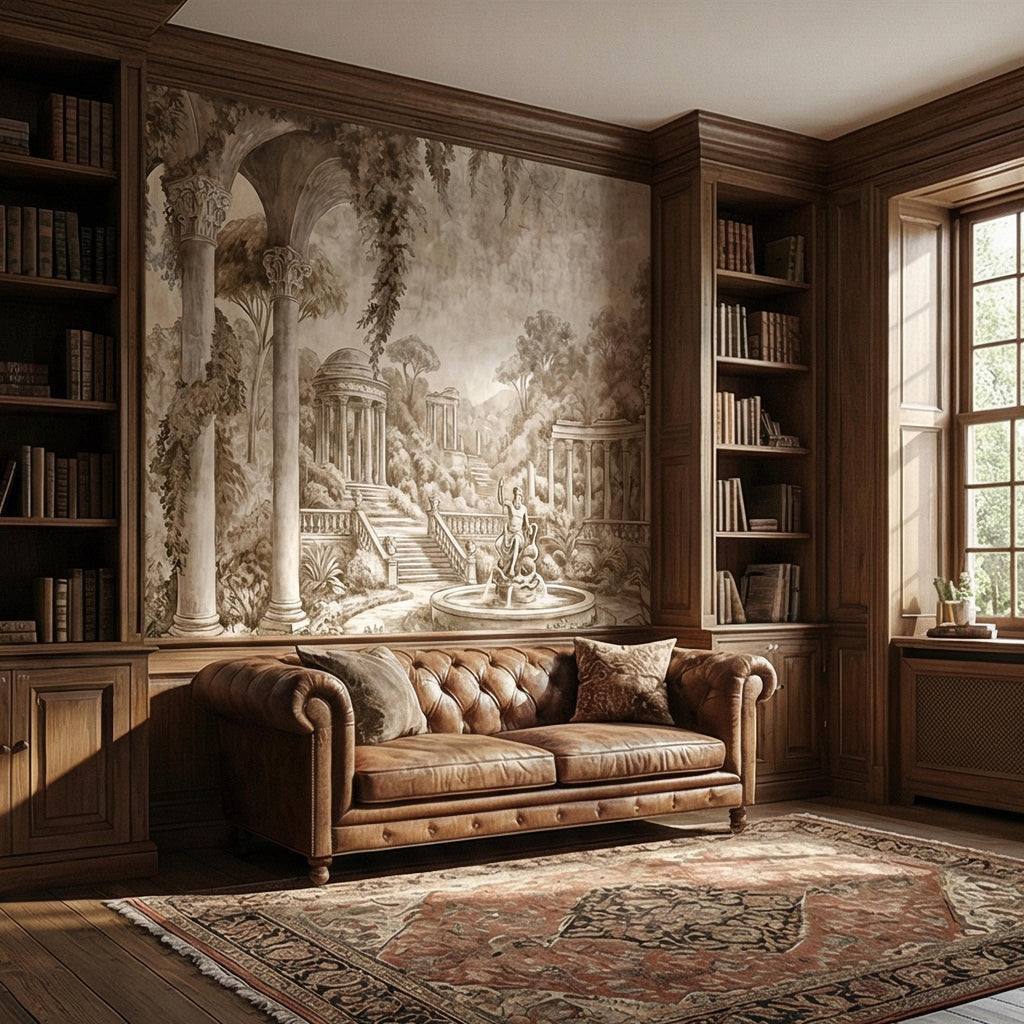 Classical Garden Peel and Stick Wall Mural, Antique Roman Fountain Landscape, Neutral Old World Architectural Wallpaper