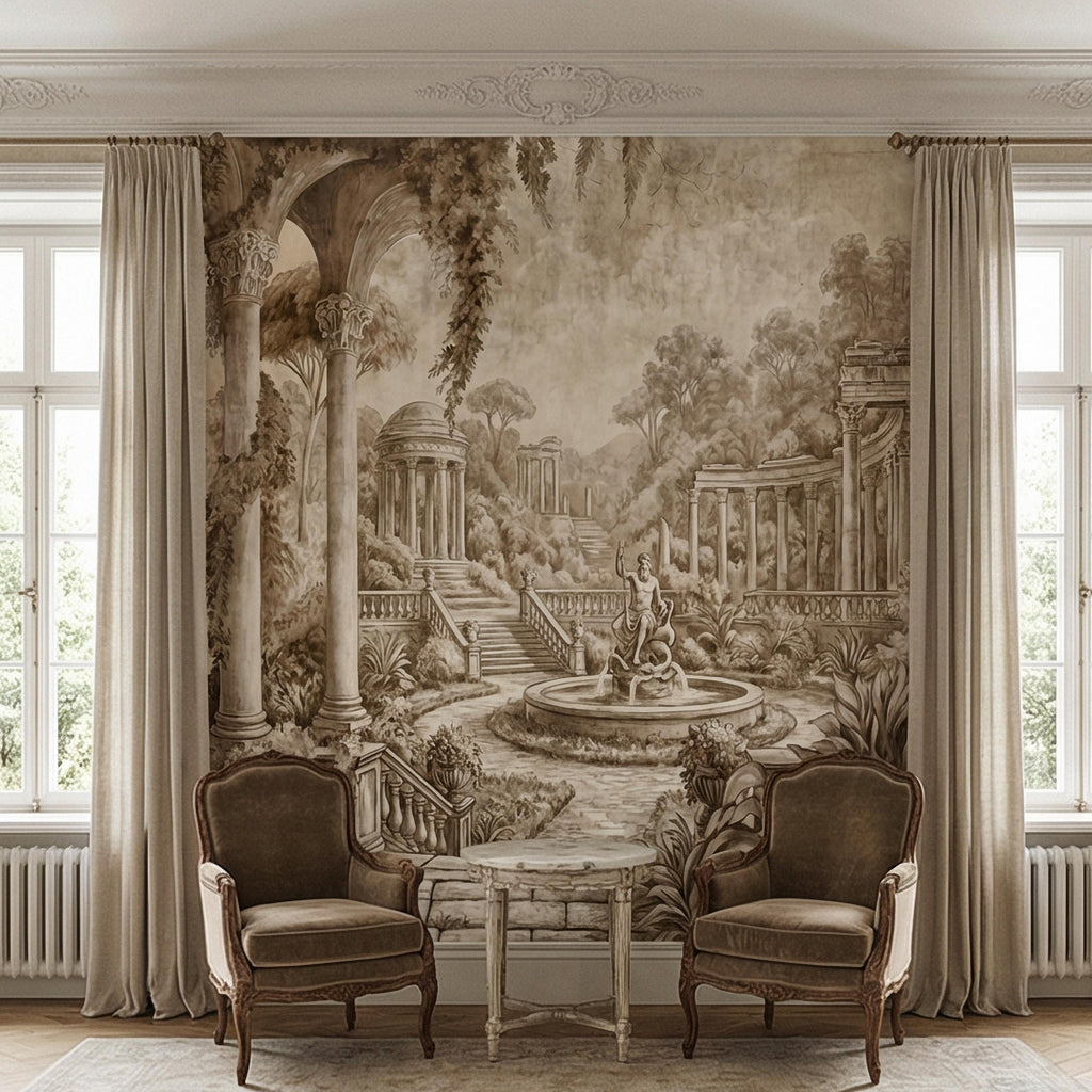 Classical Garden Peel and Stick Wall Mural, Antique Roman Fountain Landscape, Neutral Old World Architectural Wallpaper