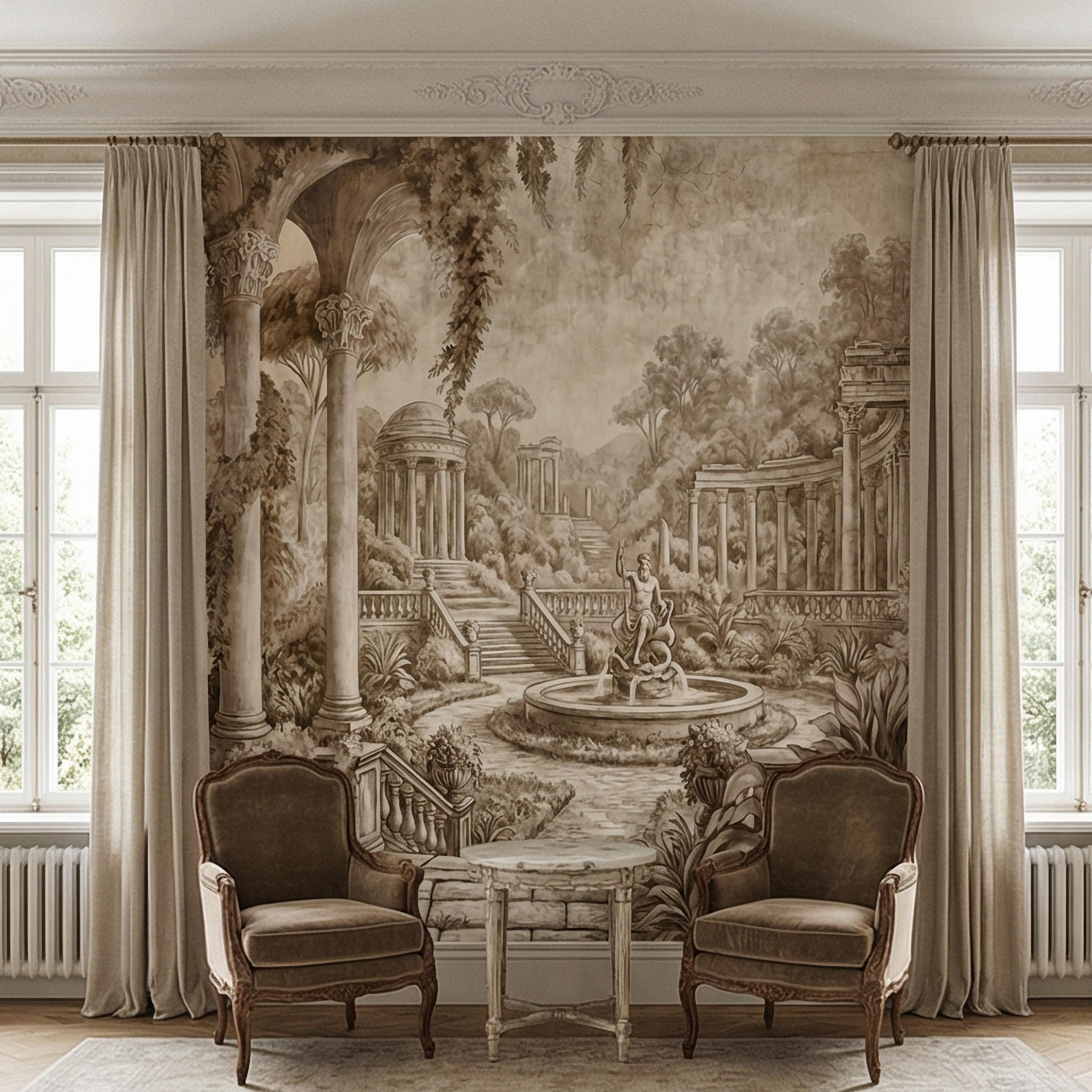 Classical Garden Peel and Stick Wall Mural, Antique Roman Fountain Landscape, Neutral Old World Architectural Wallpaper