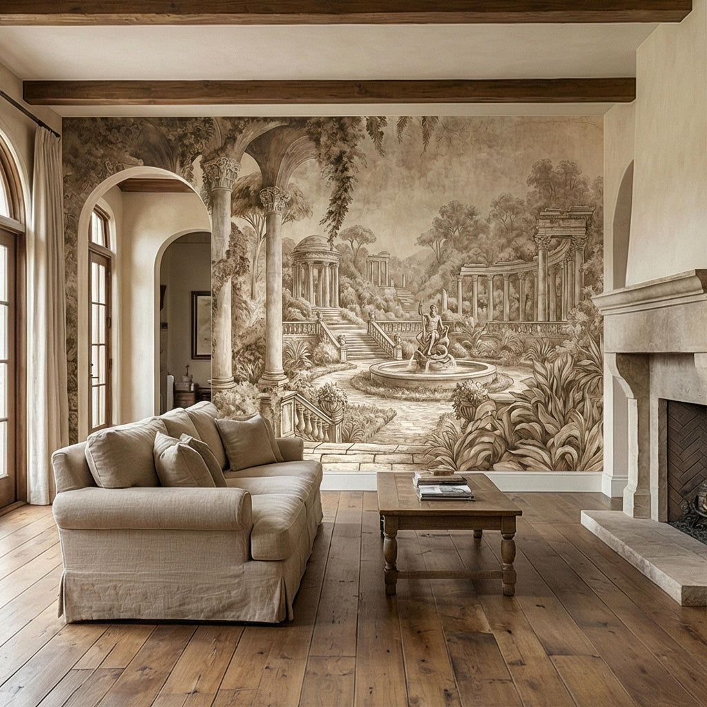 Classical Garden Peel and Stick Wall Mural, Antique Roman Fountain Landscape, Neutral Old World Architectural Wallpaper