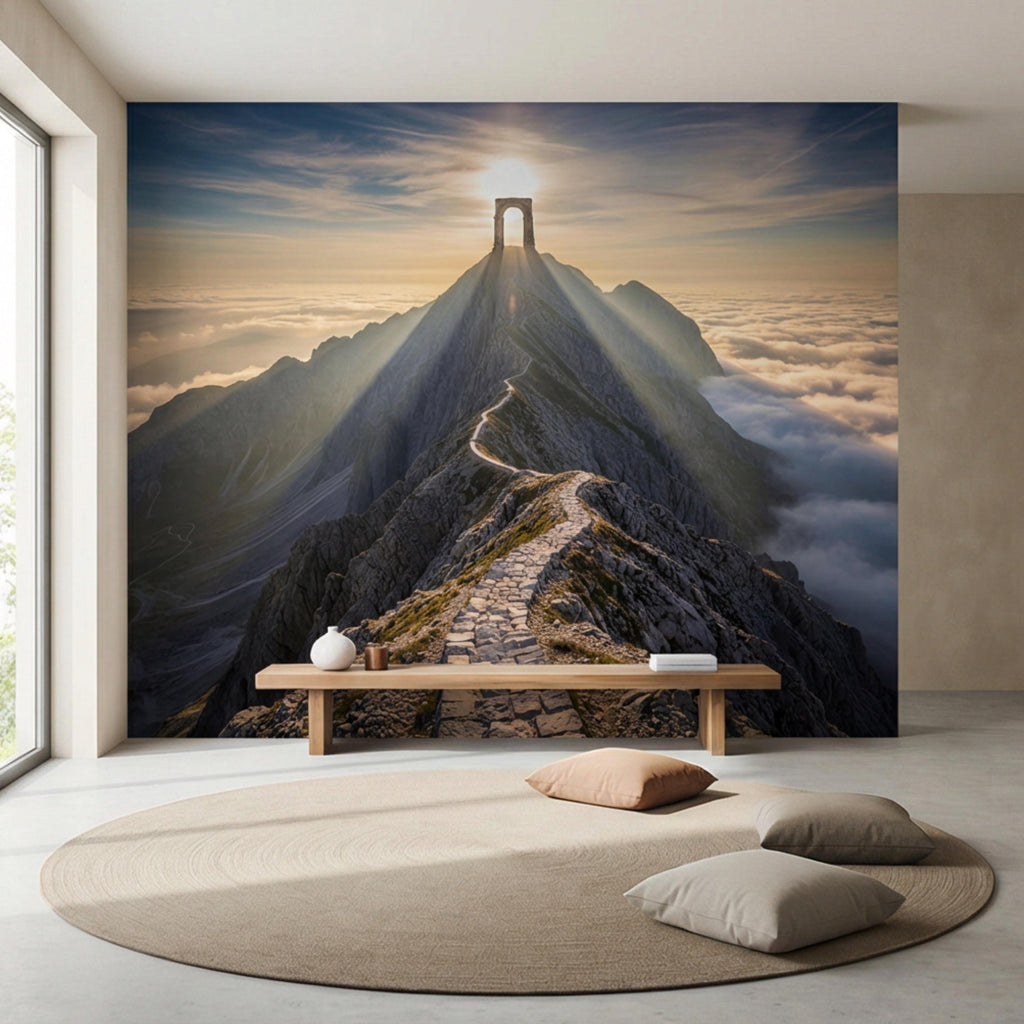 Mountain Path to Archway Above the Clouds Peel and Stick Wall Mural, Epic Sunrise Landscape Wallpaper