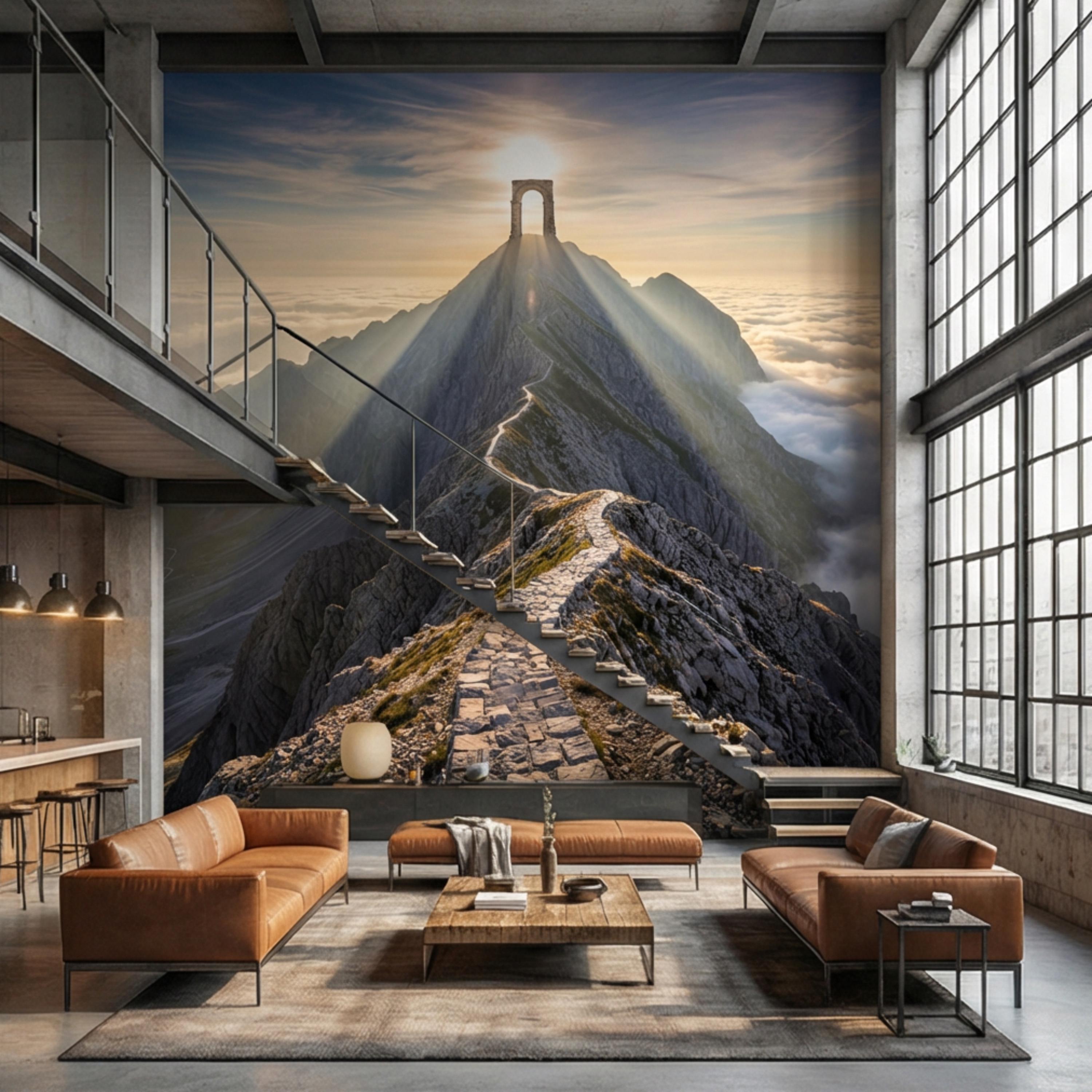 Mountain Path to Archway Above the Clouds Peel and Stick Wall Mural, Epic Sunrise Landscape Wallpaper