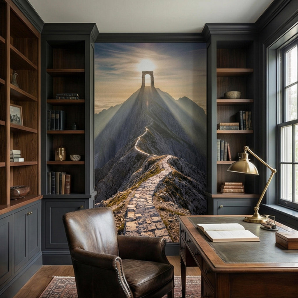 Mountain Path to Archway Above the Clouds Peel and Stick Wall Mural, Epic Sunrise Landscape Wallpaper